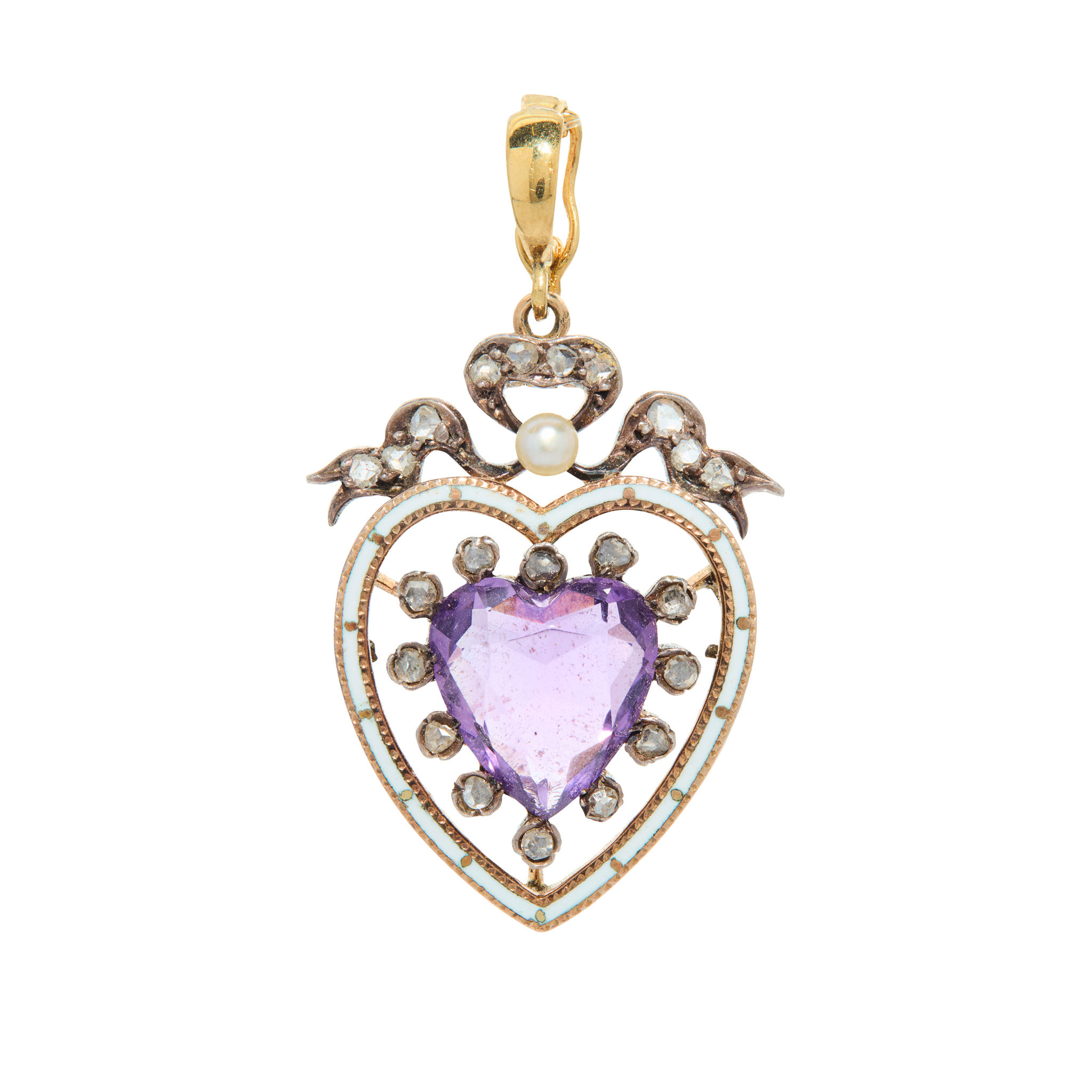 An early 20th century amethyst, diamond and pearl pendant