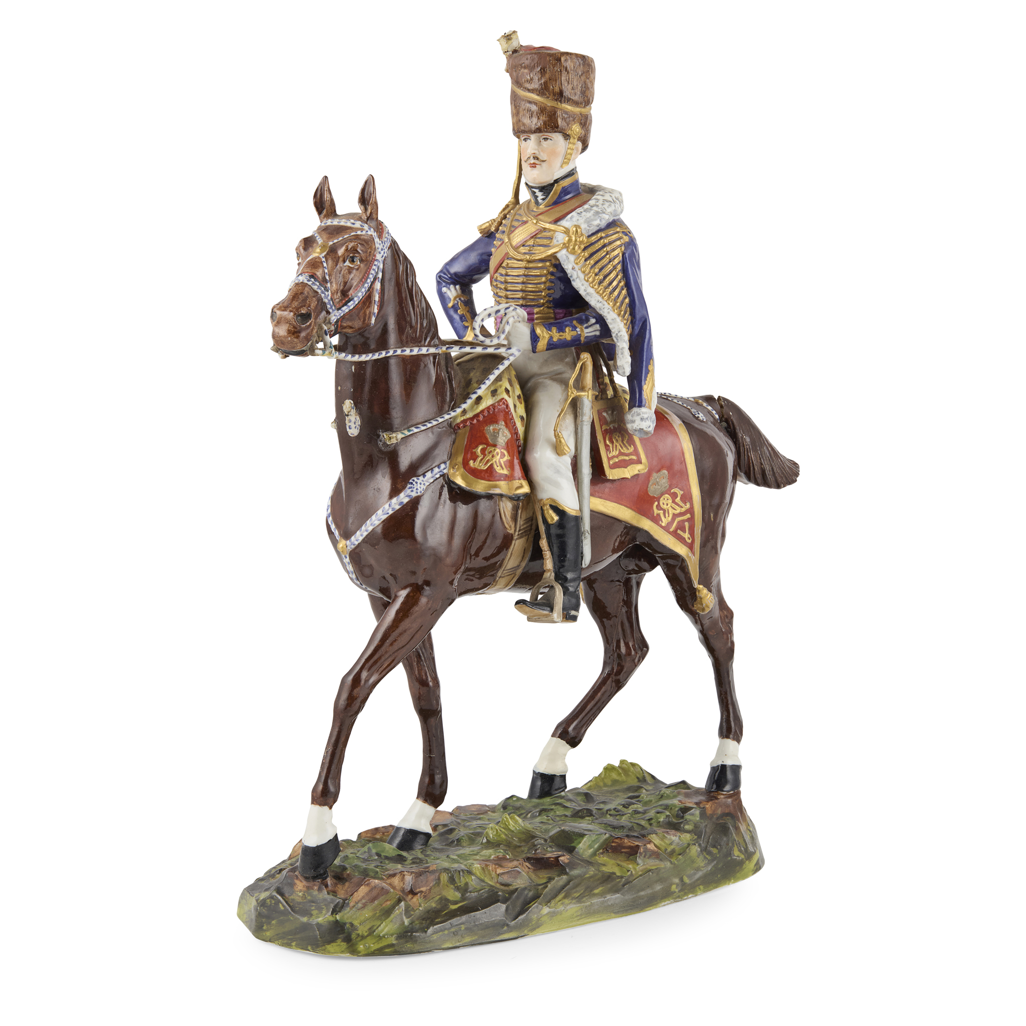 DRESDEN PORCELAIN FIGURE MODELLED AS A 10TH HUSSAR ON HORSEBACK