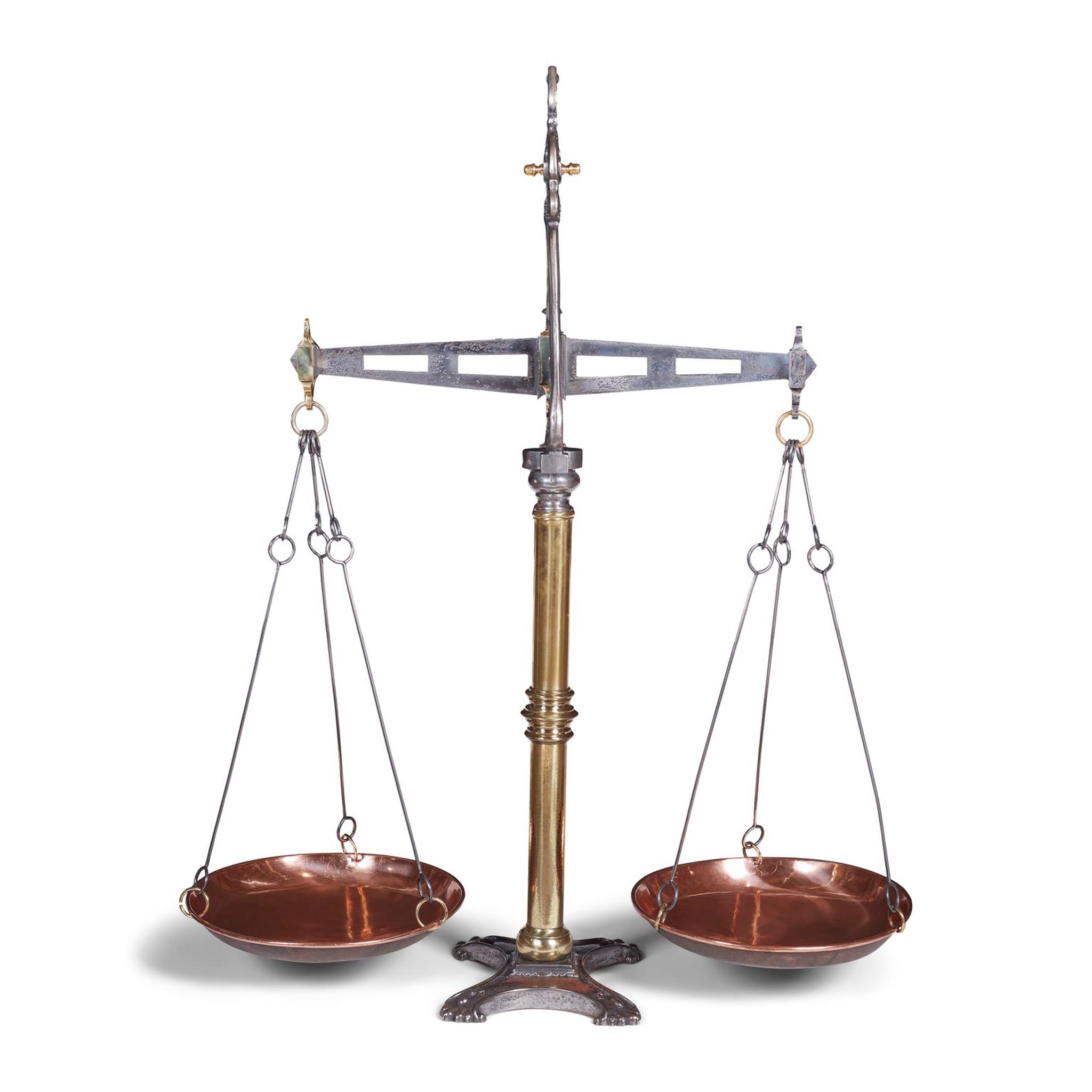 LARGE SET OF LARGE STEEL, BRASS, AND COPPER SHOP SCALES