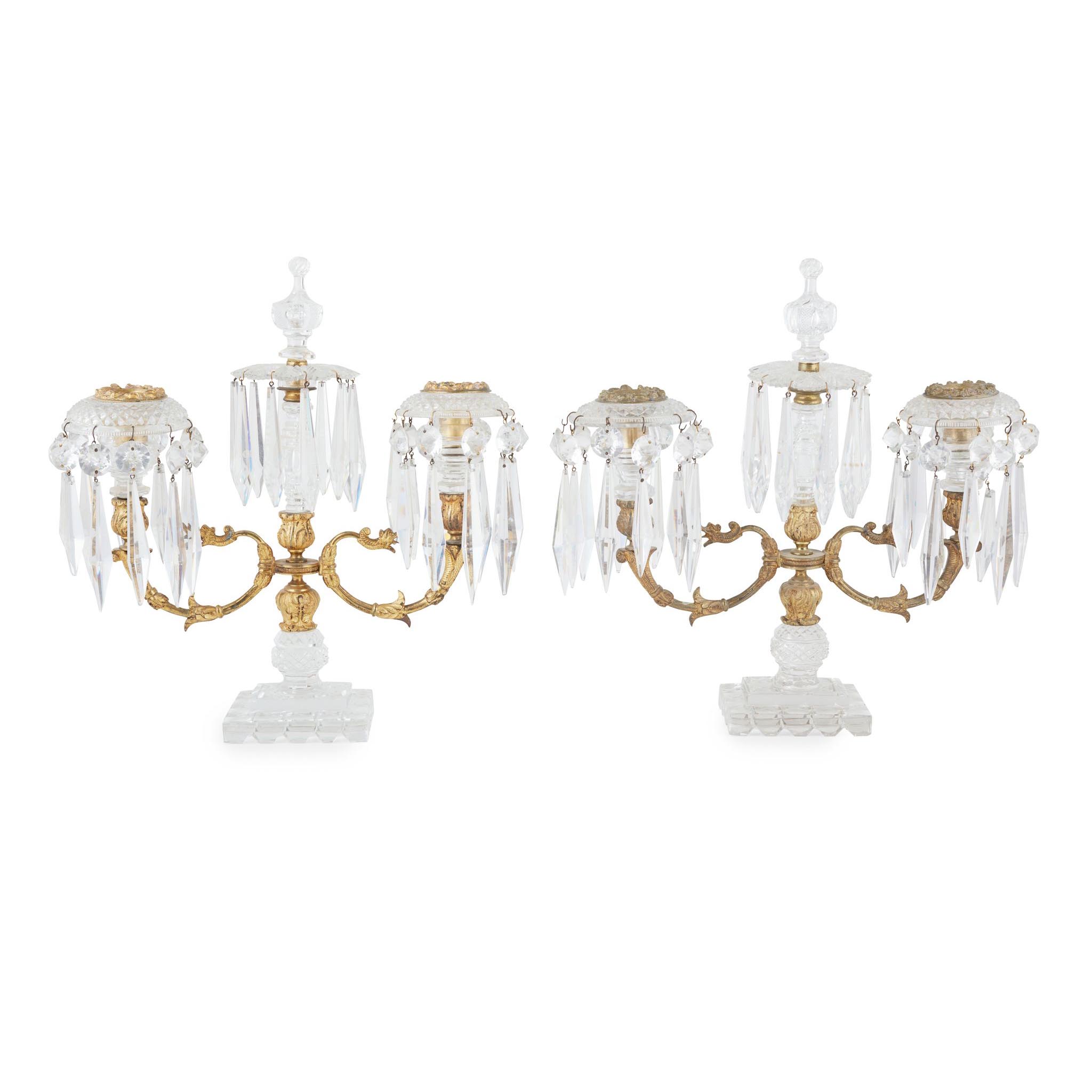 PAIR OF REGENCY CUT GLASS AND GILT METAL CANDLE LUSTRES
