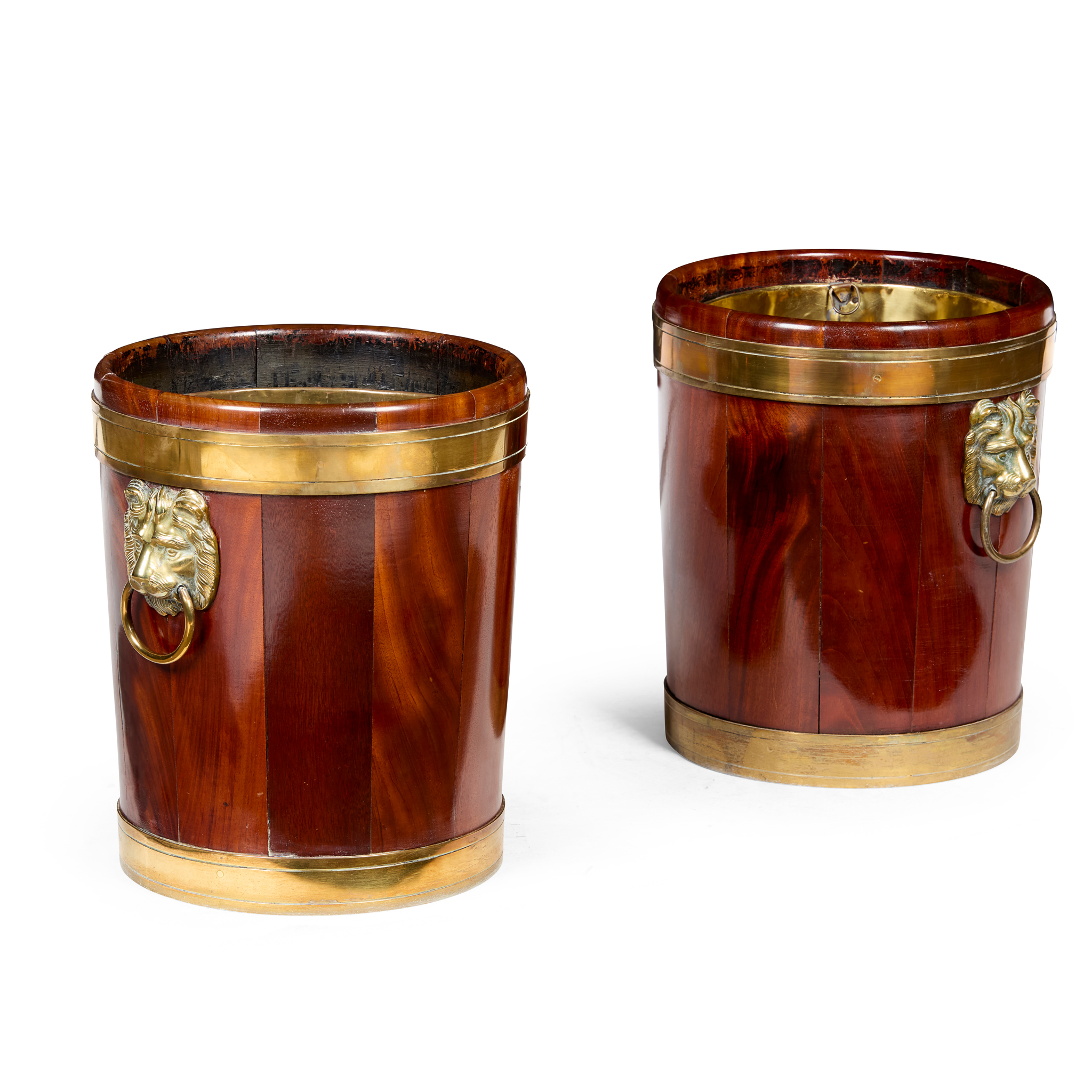 PAIR OF GEORGE III MAHOGANY BRASS BANDED PEAT BUCKETS