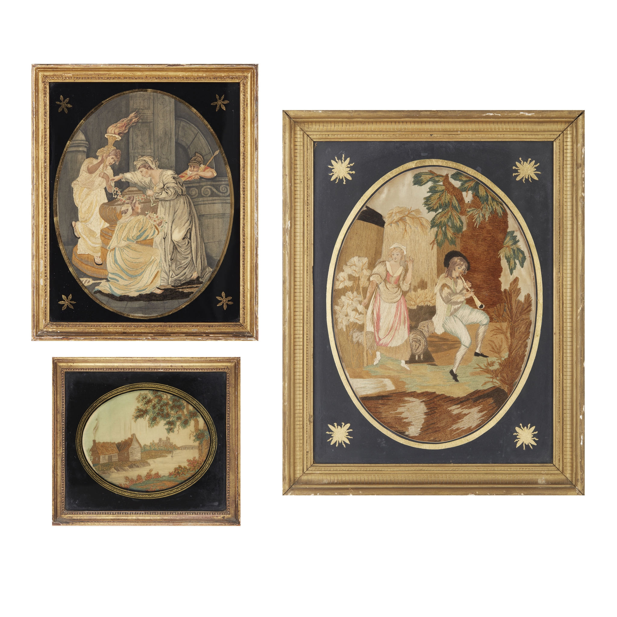 THREE GEORGIAN SILK NEEDLEWORK PICTURES