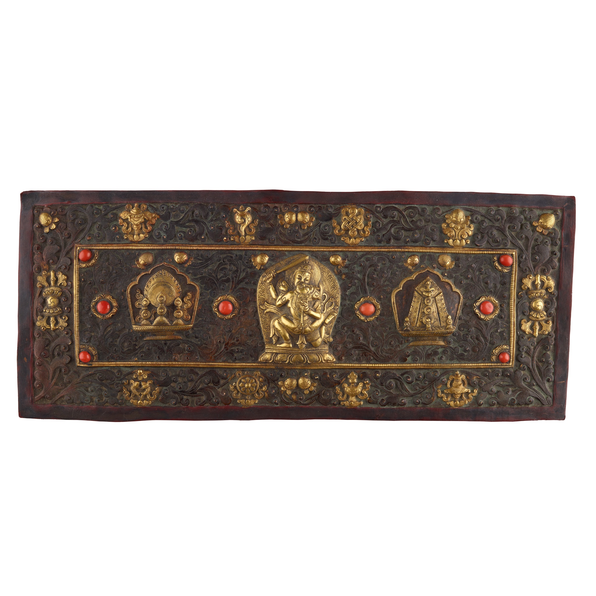 PARCEL-GILT COPPER-ALLOY REPOUSSÉ AND CORAL-INLAID PLAQUE OF ACALA WITH CONSORT VISHVAVAJRI