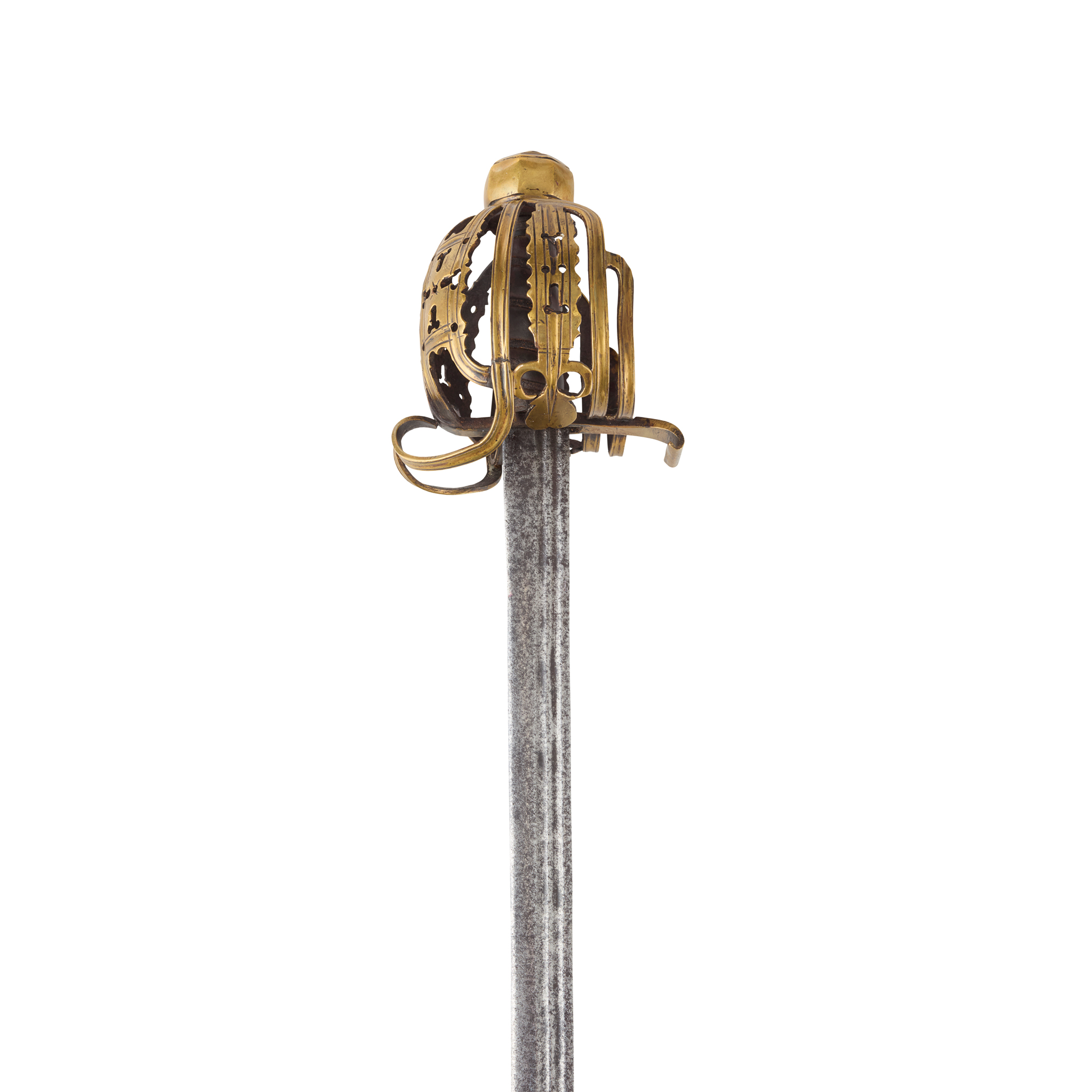 AN EARLY 18TH CENTURY BRASS BASKET-HILTED BACKSWORD