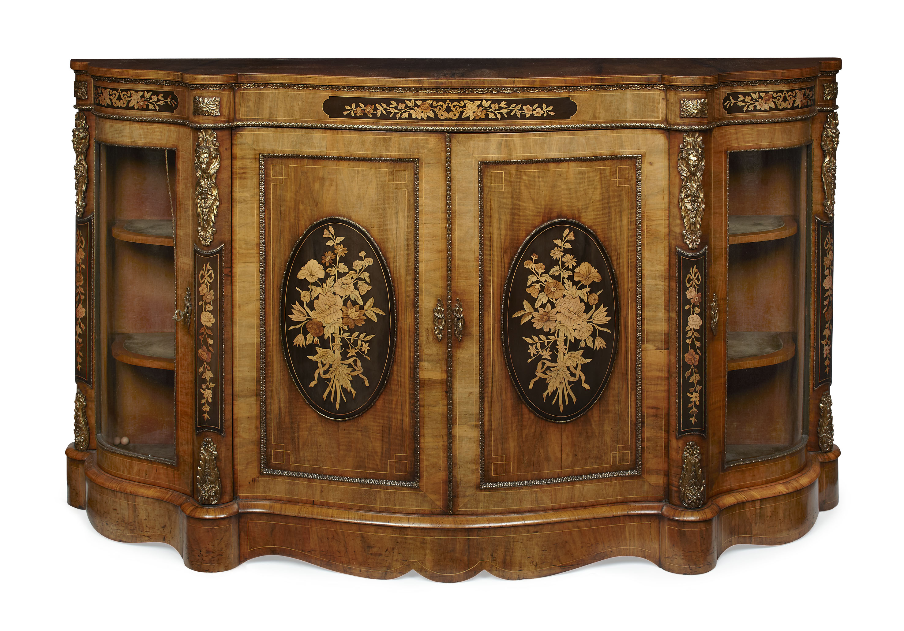 VICTORIAN WALNUT, EBONISED AND MARQUETRY GILT METAL MOUNTED SIDE CABINET