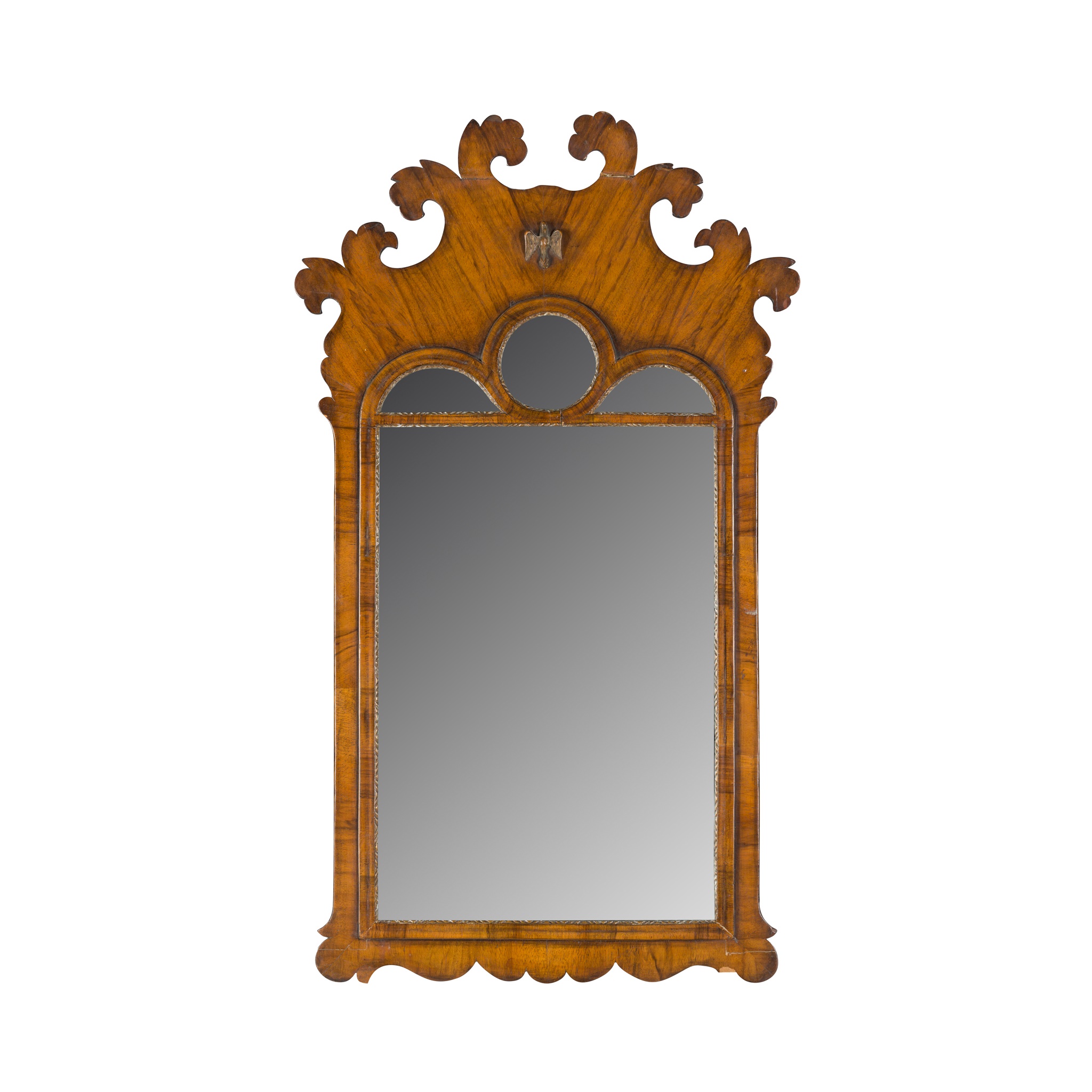 GEORGE I STYLE WALNUT AND PARCEL GILT MIRROR