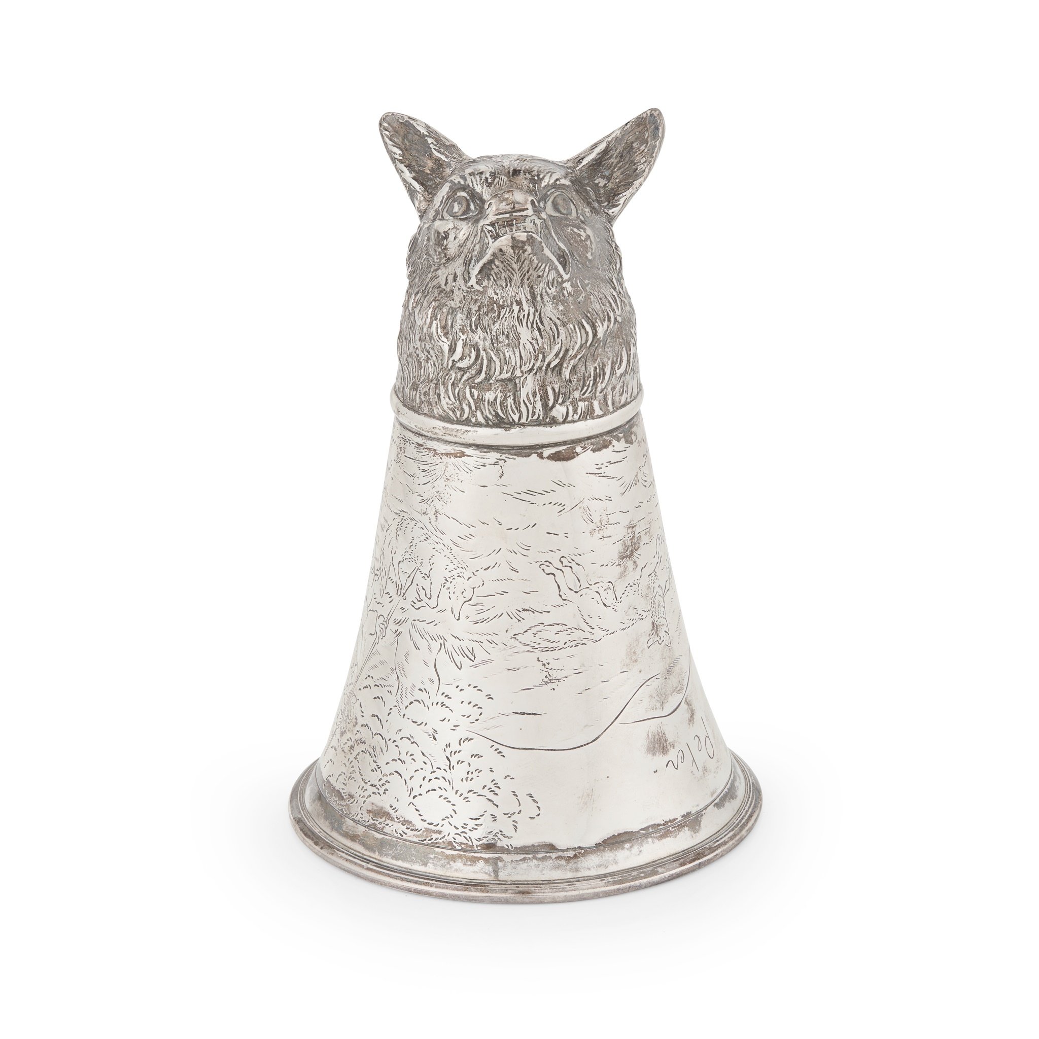 A 1920s wolf head stirrup cup
