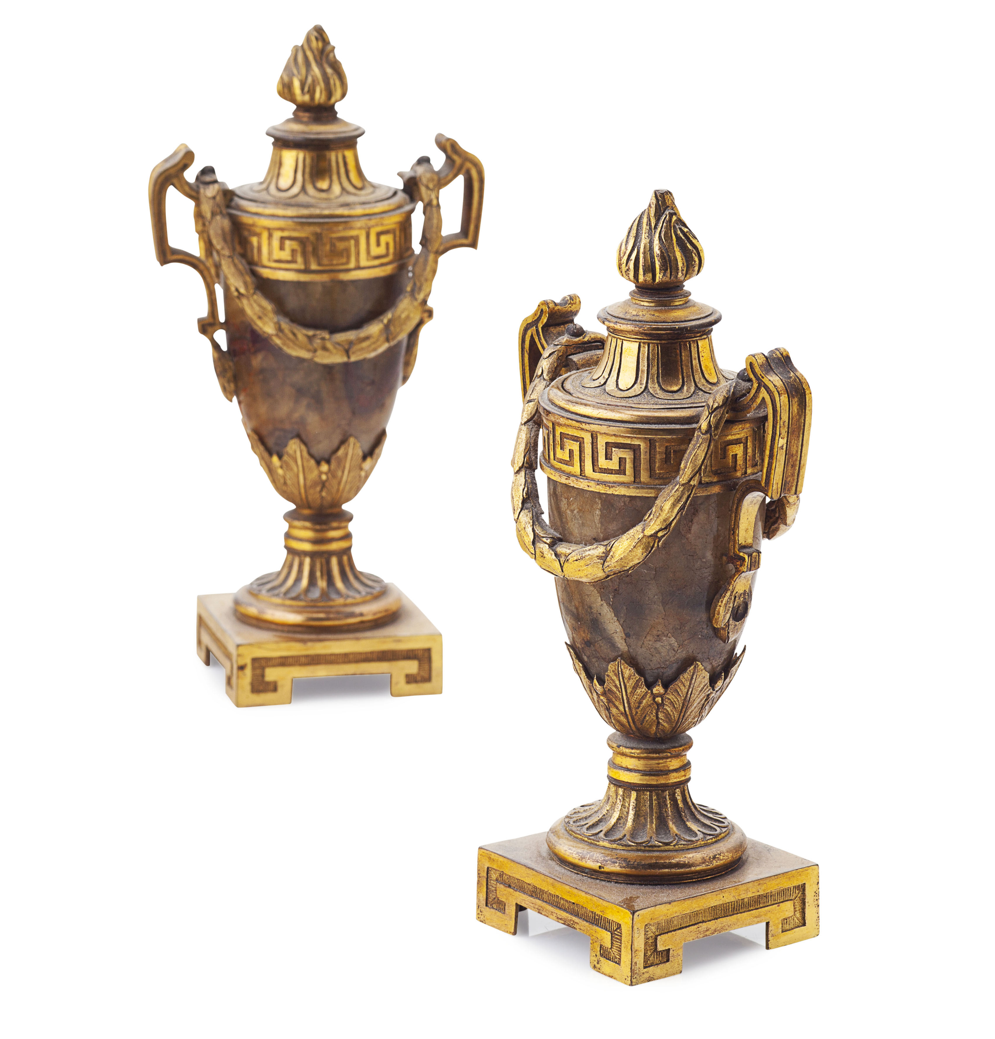 PAIR OF GEORGE III GILT BRONZE AND FELDSPAR CASSOLETTES IN THE MANNER OF MATTHEW BOULTON