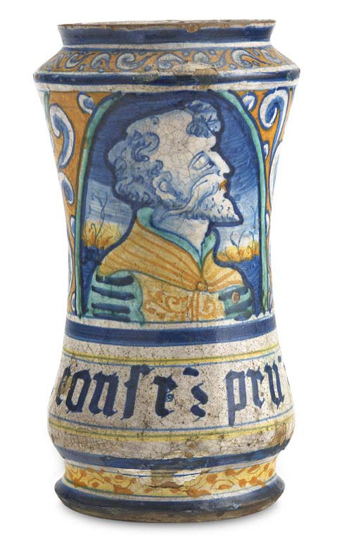 A 16th century Castelli maiolica albarello, 1545-60 Possibly Pompei workshop