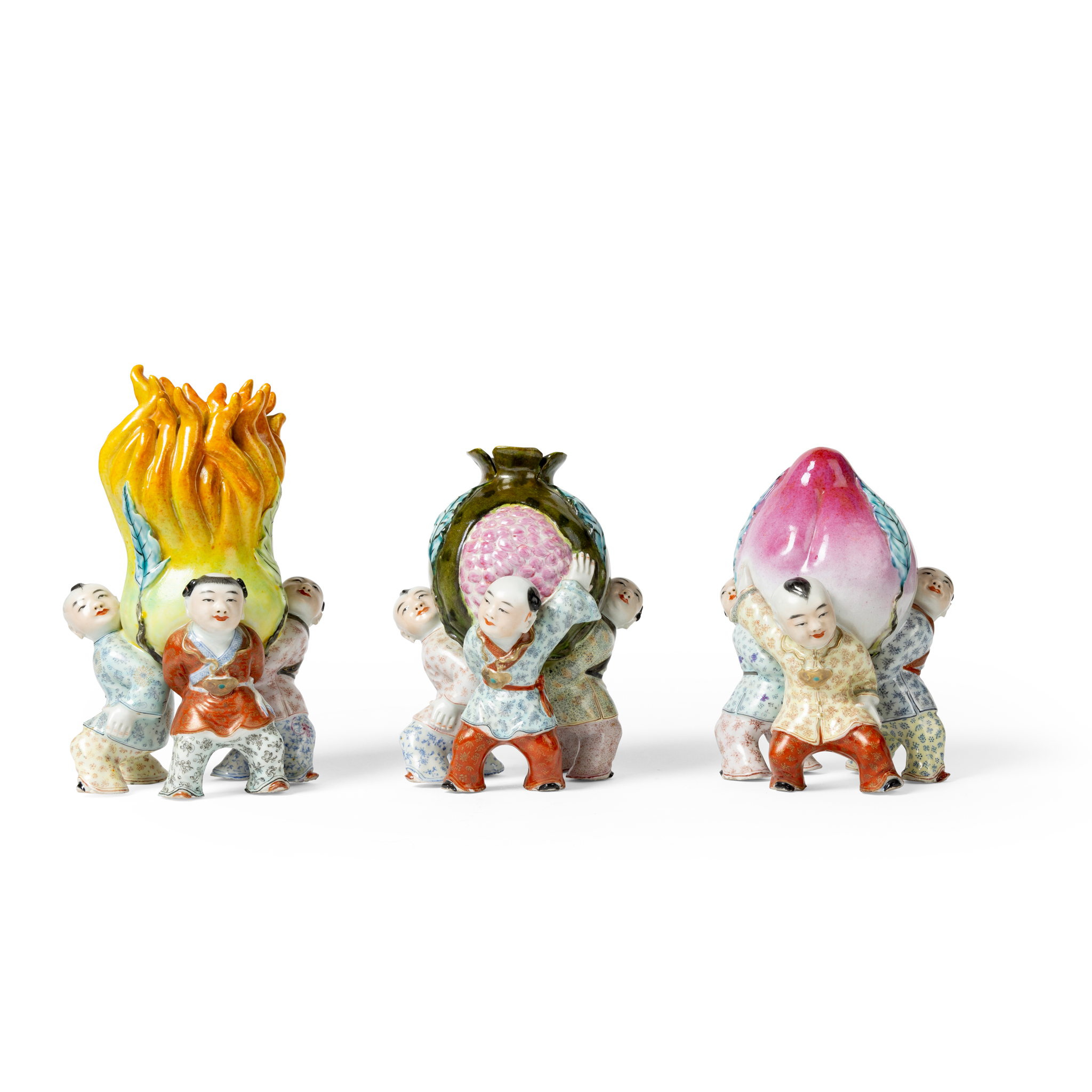 SET OF THREE CHINESE FAMILLE ROSE 'BOYS CARRYING SANDUO FRUITS' VASES