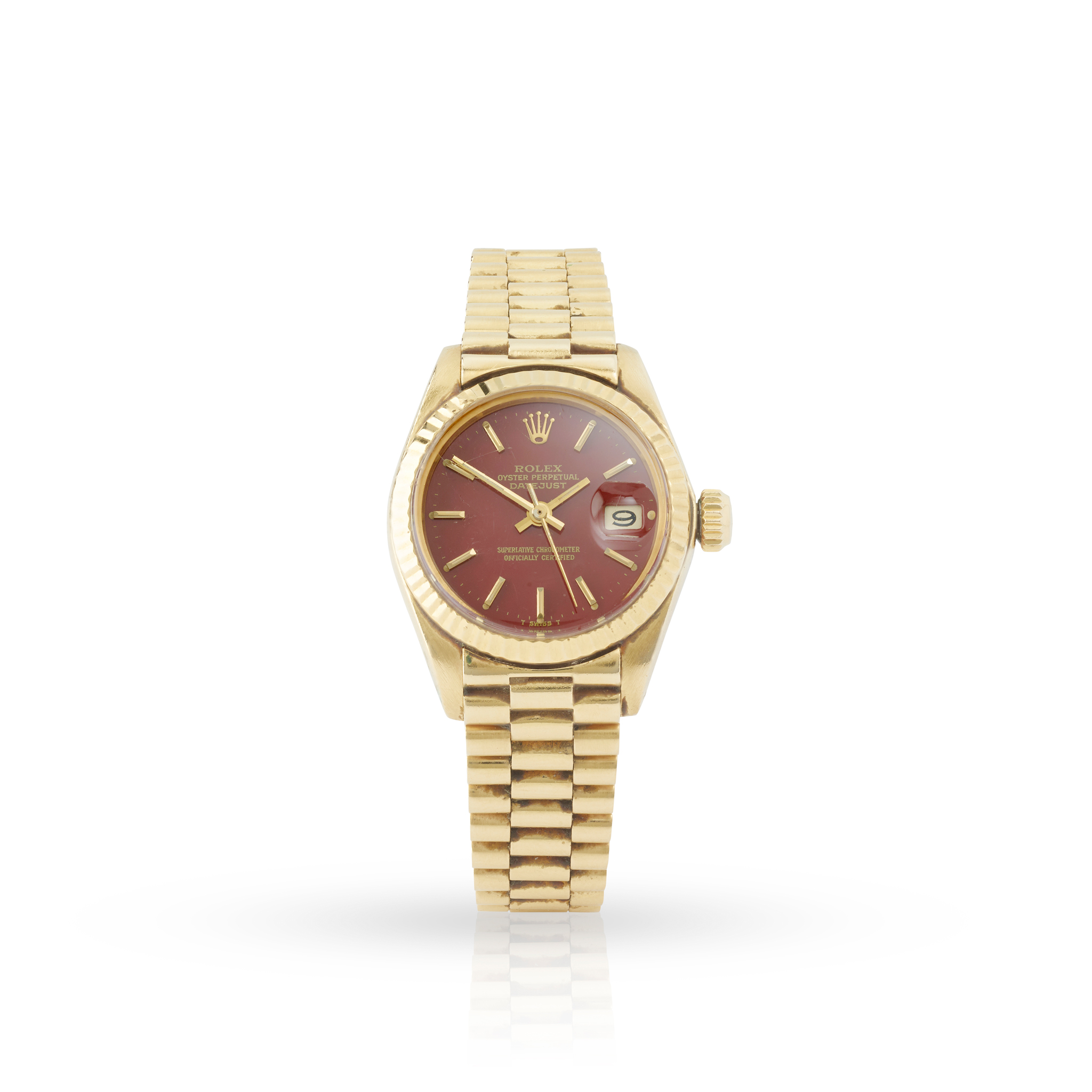 Rolex. A Ladies fine 18k yellow gold self-winding wristwatch with oxblood lacquered 'Stella' dial