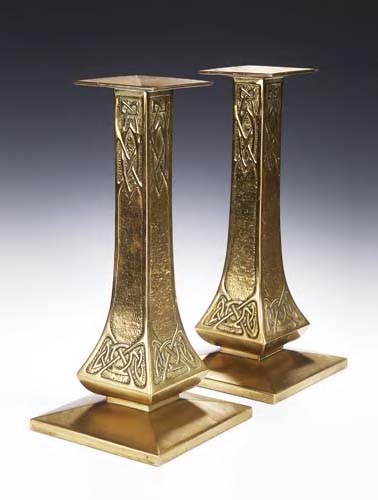A pair of Scottish School brass vases,