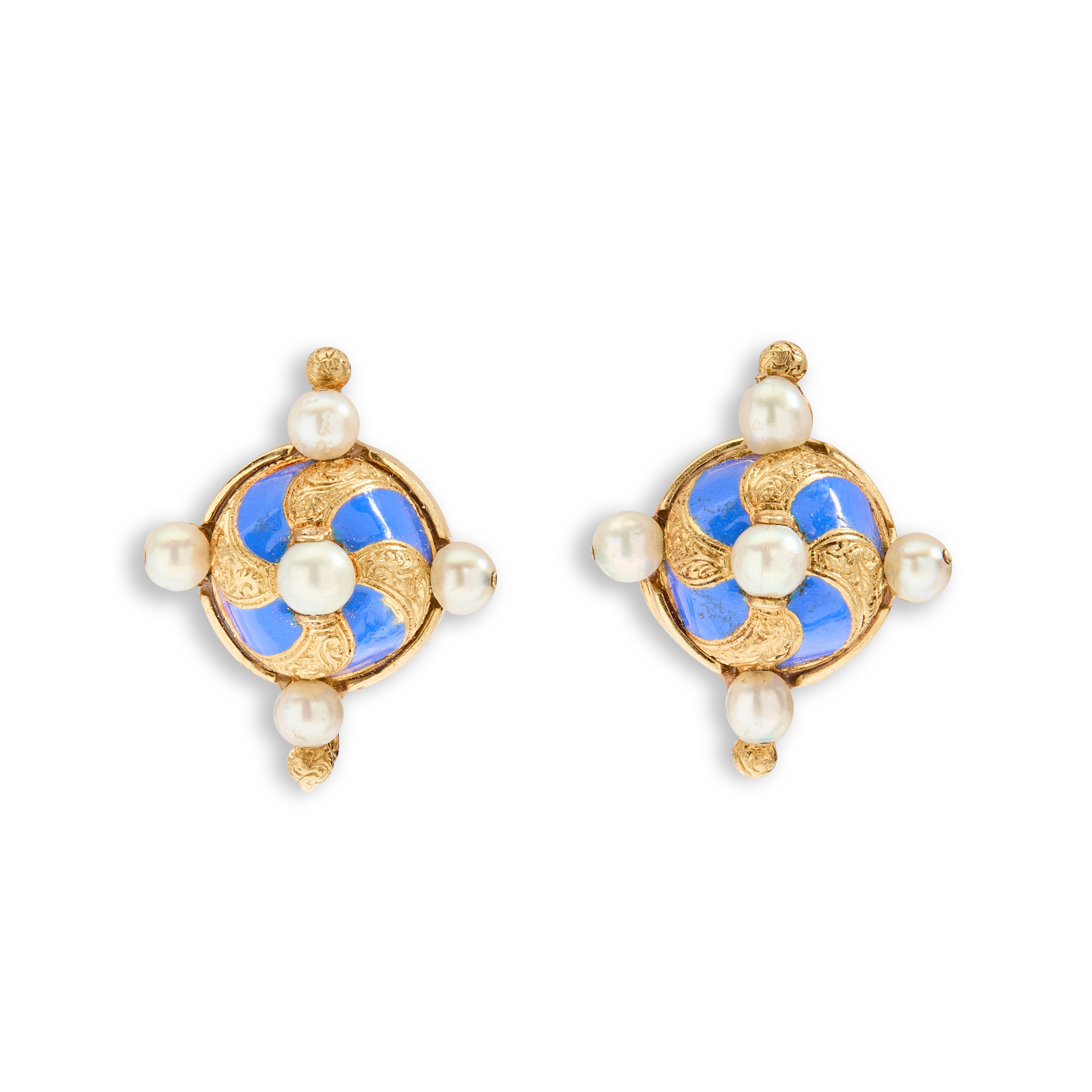 A pair of mid 19th century blue enamel and seed pearl drop earrings