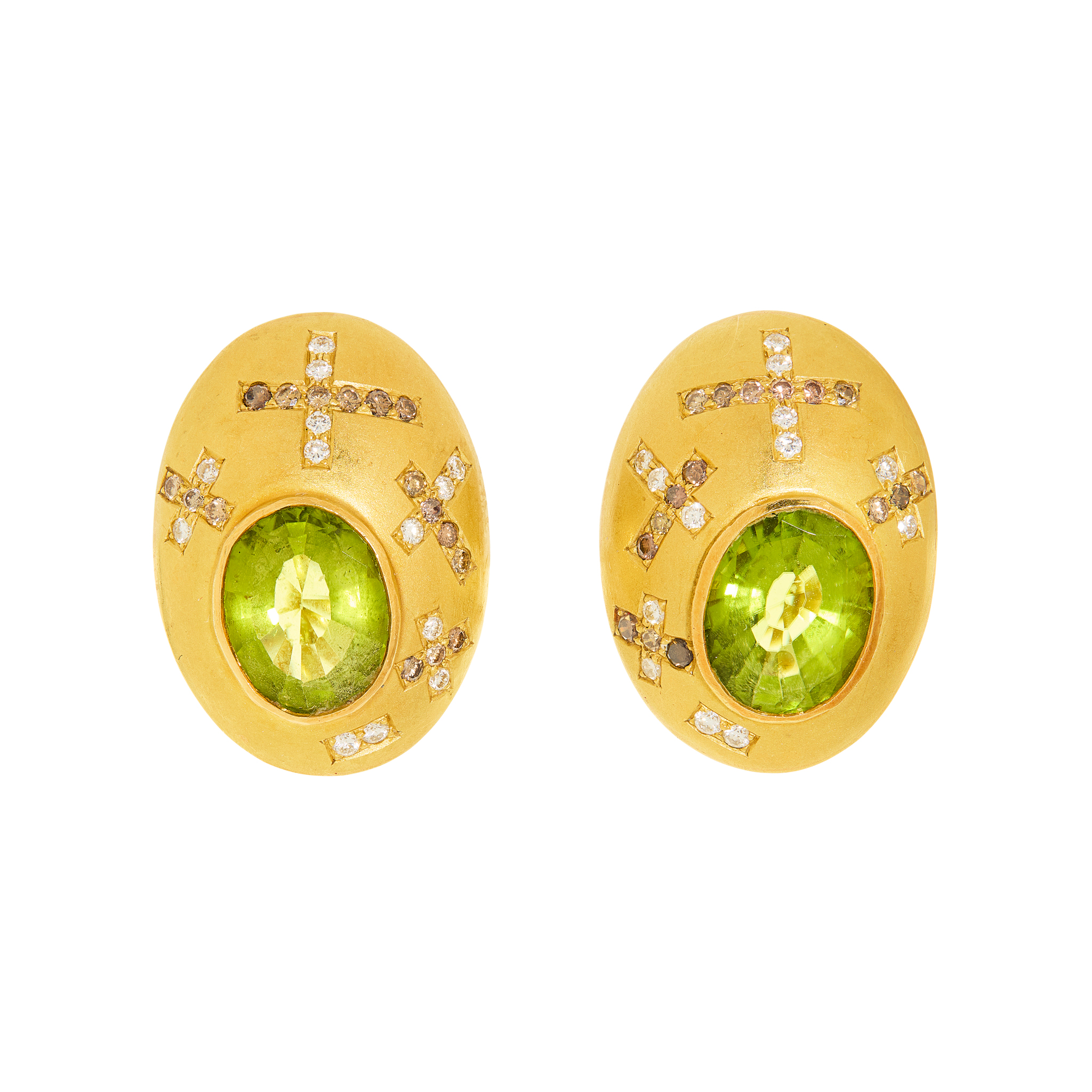 A pair of 18ct gold peridot and diamond earrings