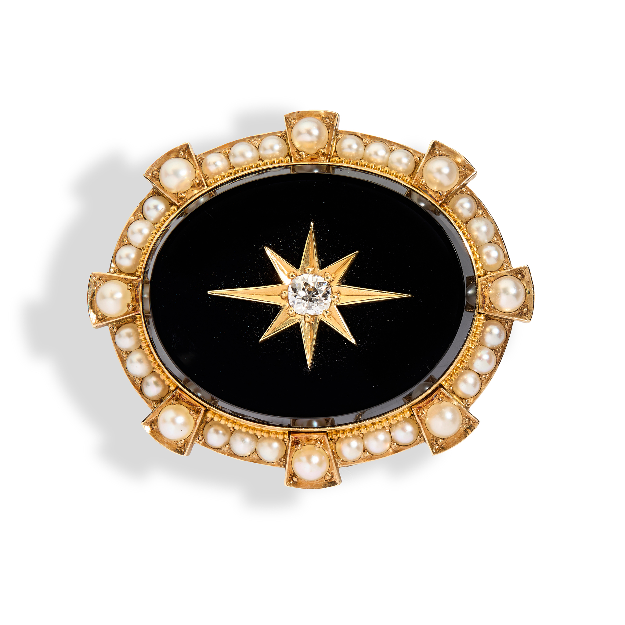 A late 19th century onyx, diamond and pearl mourning brooch