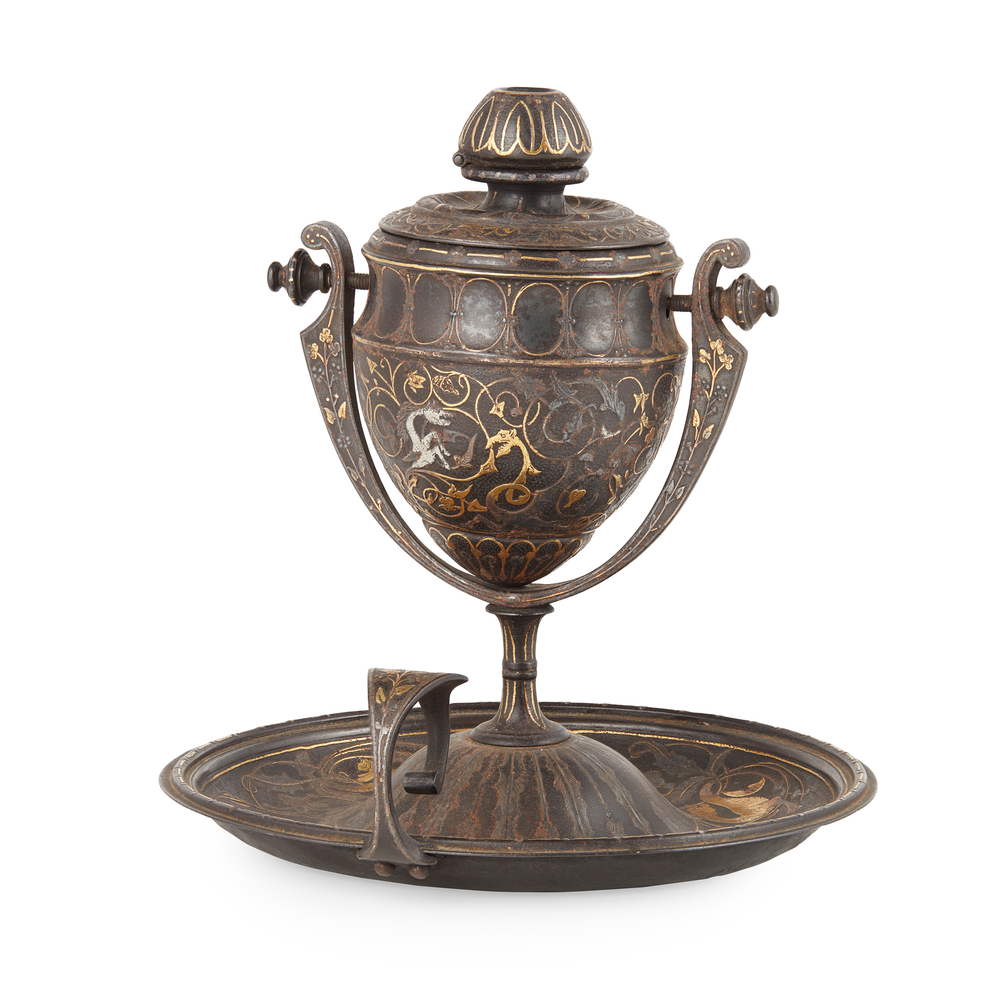 SPANISH SILVERED AND GILT DAMASCENED CAST IRON CHAMBER STICK, IN THE MANNER OF PLACIDO ZULOAGA