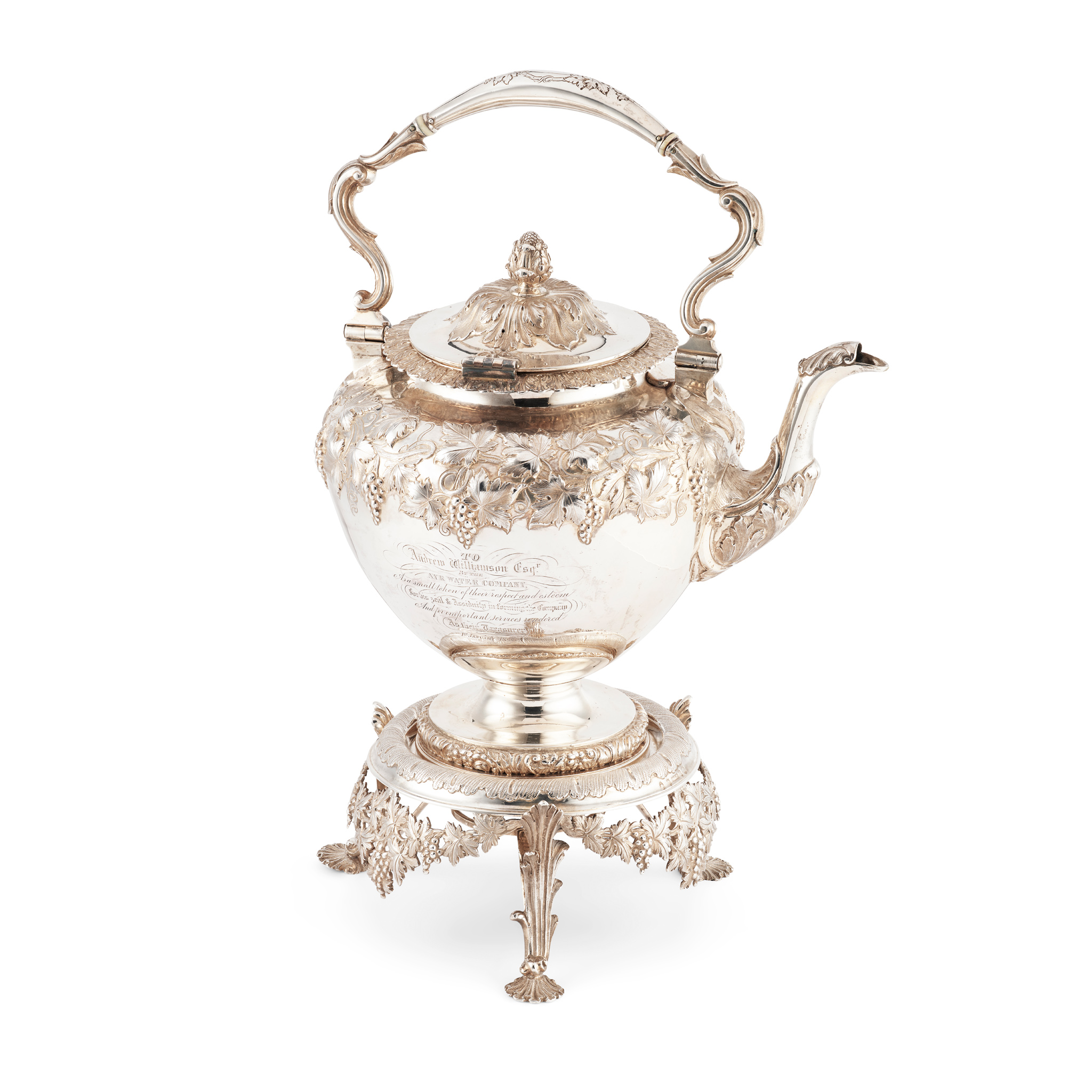 A VICTORIAN TEA KETTLE ON STAND
