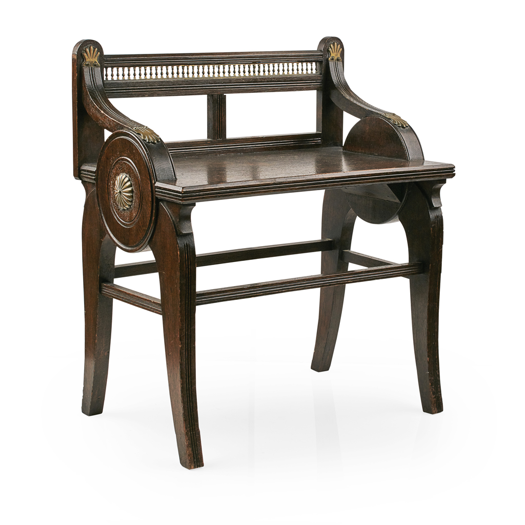 JAMES SHOOLBRED & CO BRASS MOUNTED OAK HALL BENCH