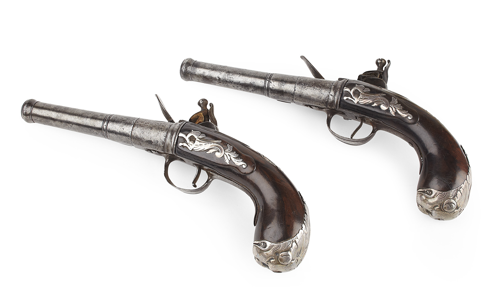 PAIR OF SILVER MOUNTED FLINTLOCK SIDELOCK CANNON BARRELLED PISTOLS BY DAVID WYNN, LONDINI