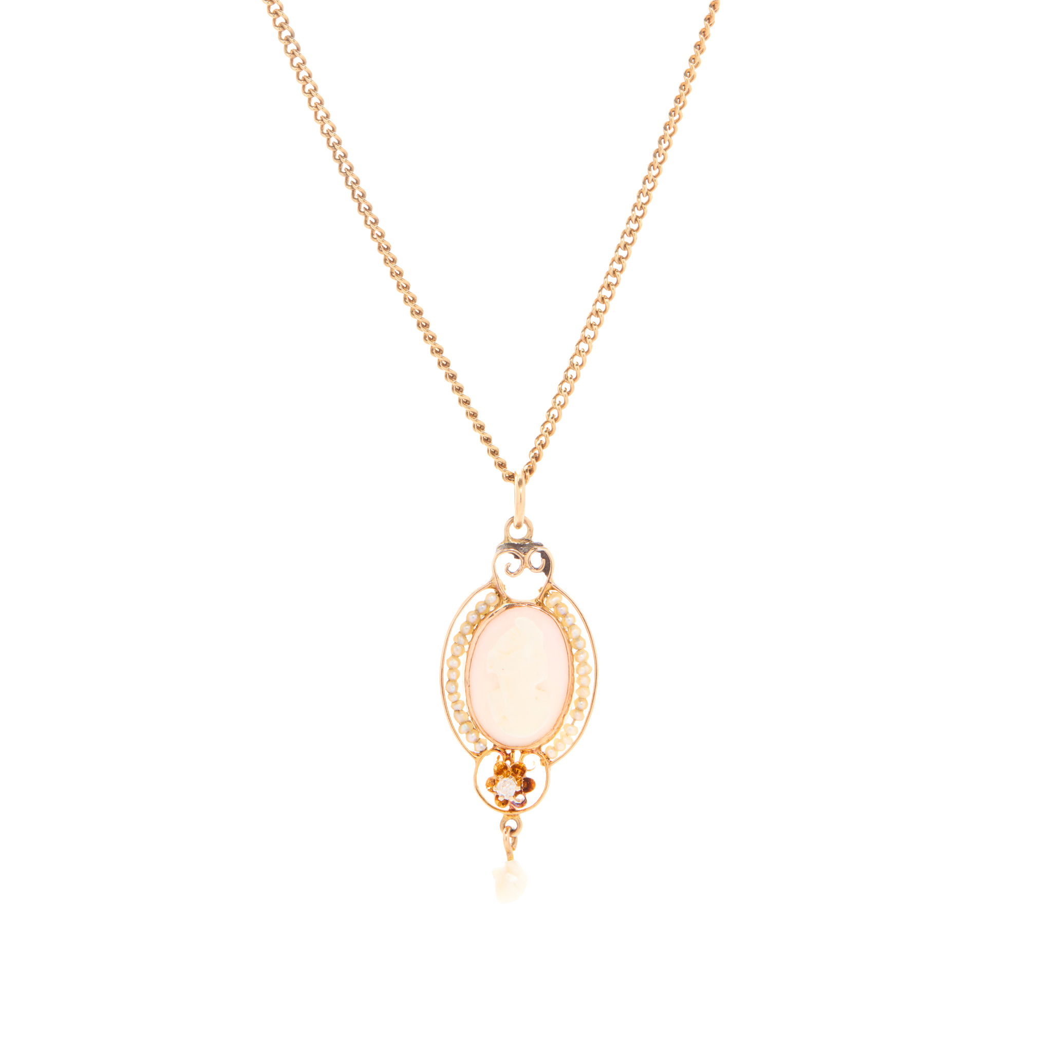 A coral cameo, pearl, and diamond pendant necklace