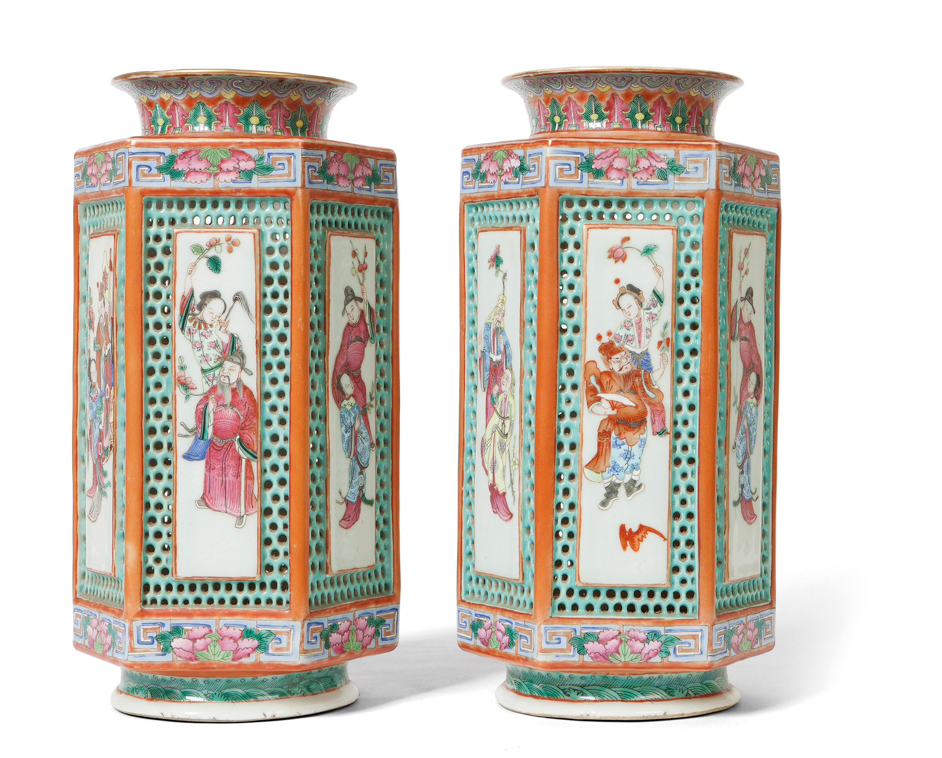 PAIR OF FAMILLE ROSE RETICULATED LANTERN COVERS