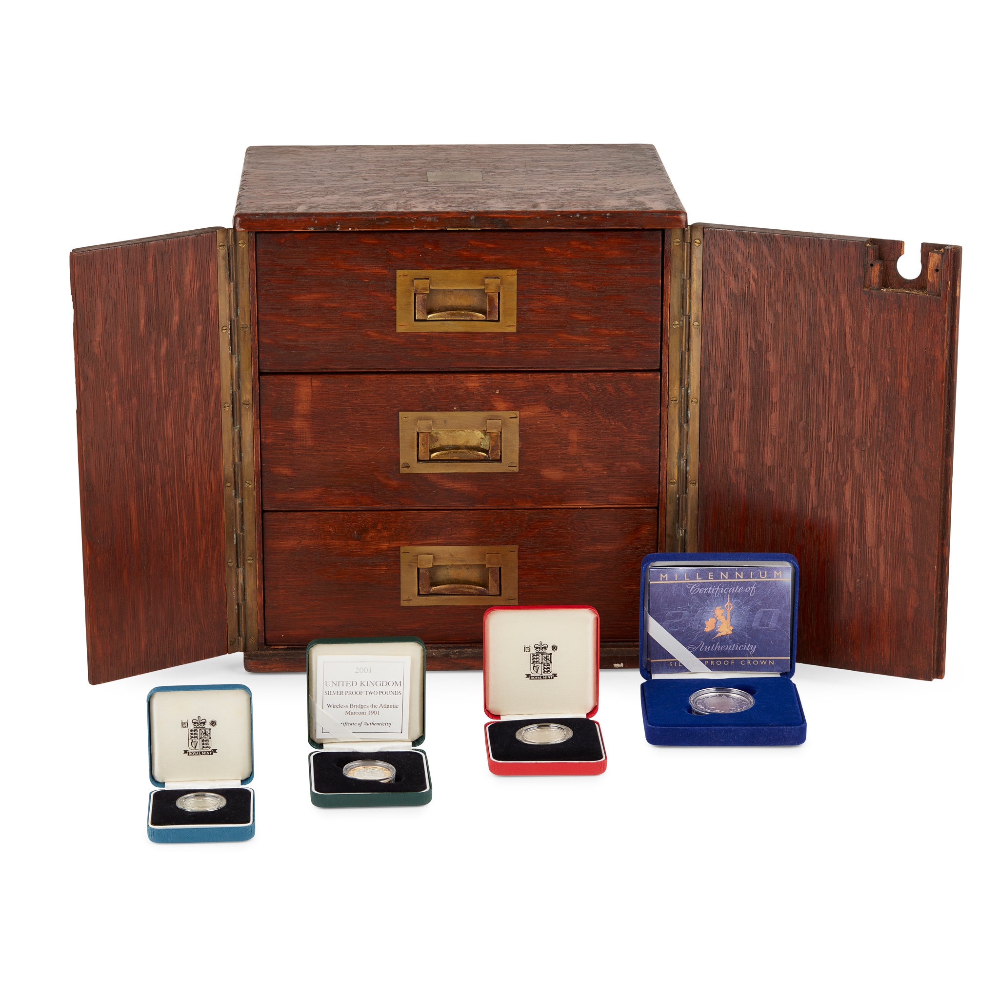 A 19th-Century oak small cabinet and coins