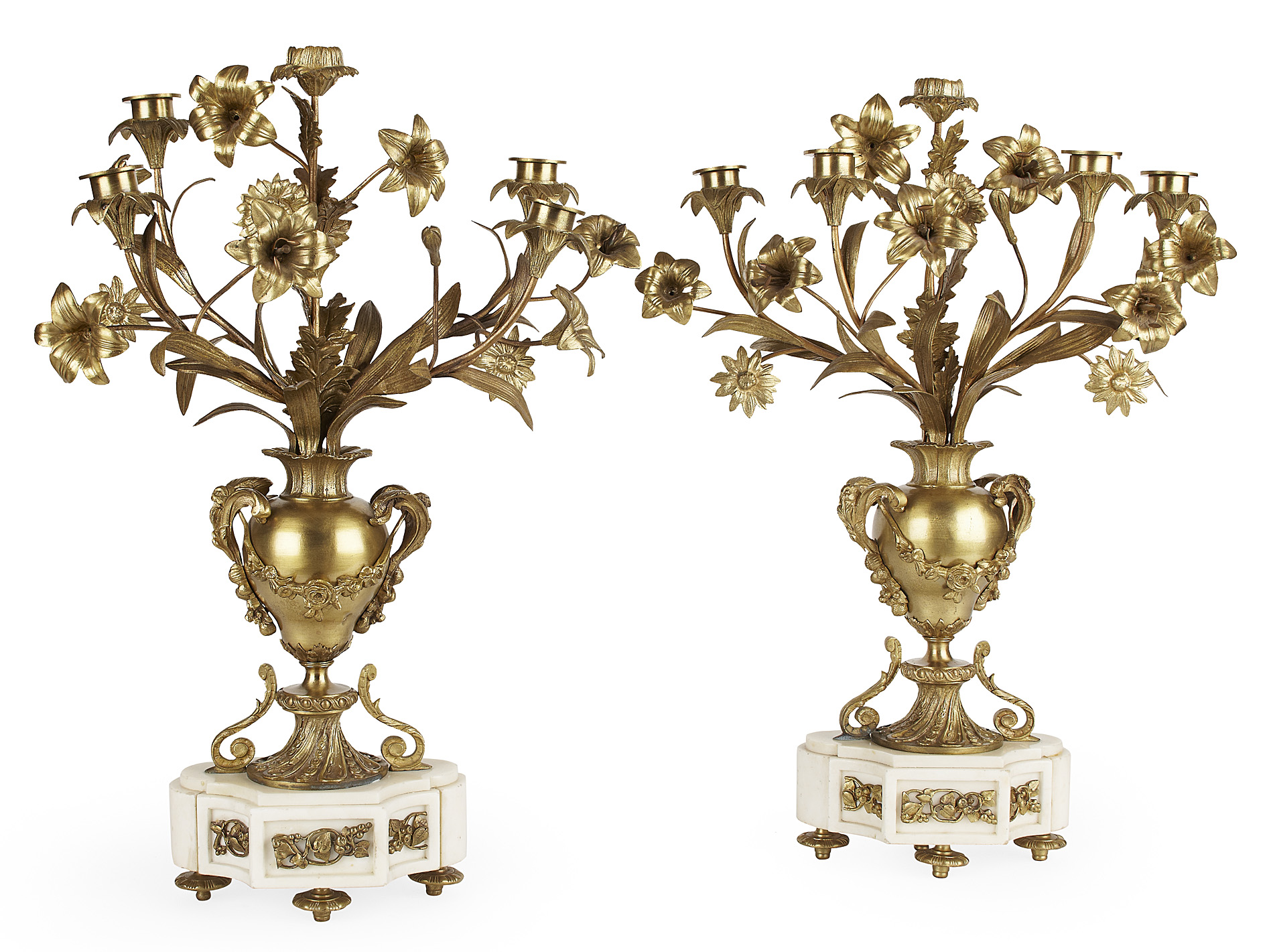 PAIR OF FRENCH GILT METAL AND MARBLE CANDELABRA