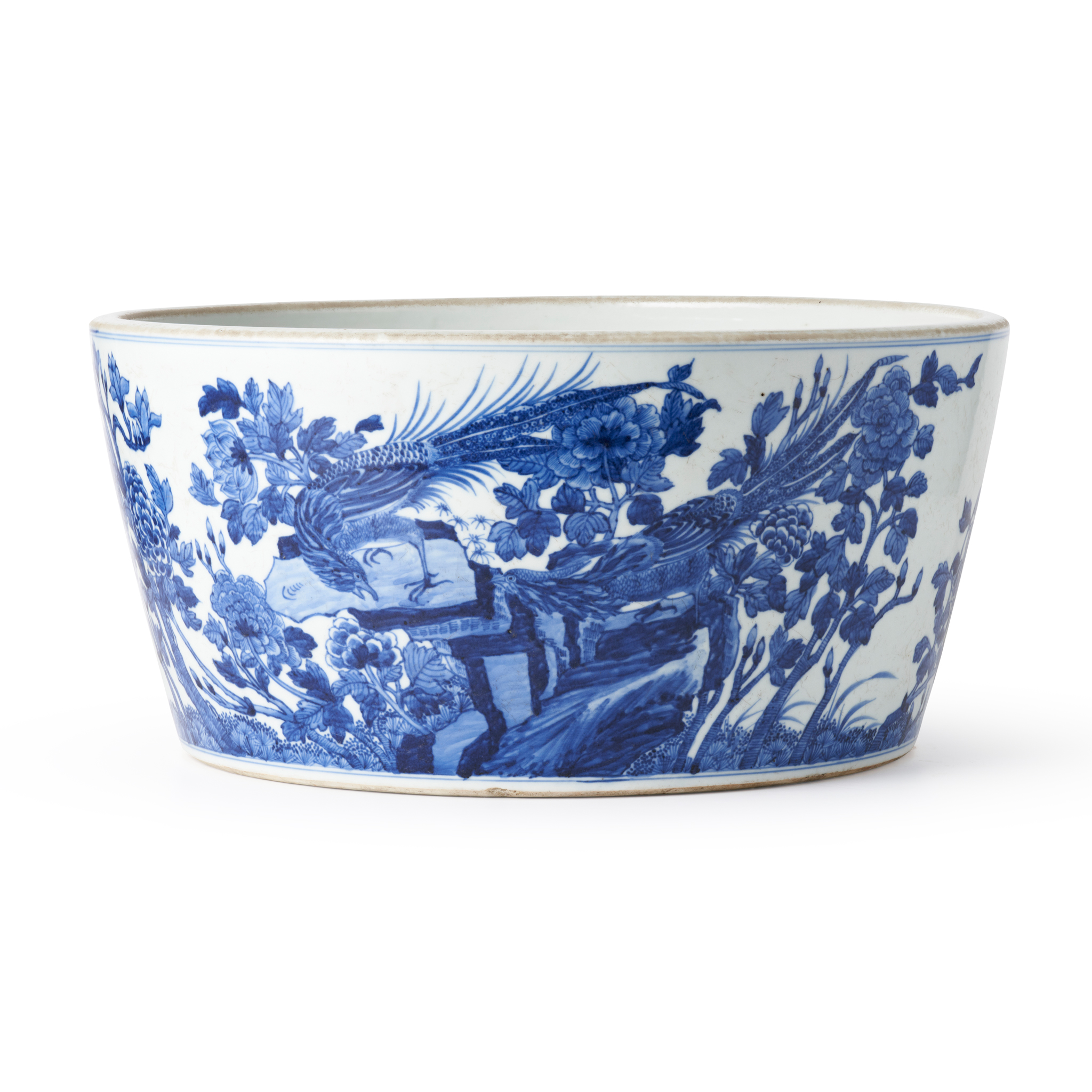 LARGE BLUE AND WHITE 'PHEASANT' JARDINIERE