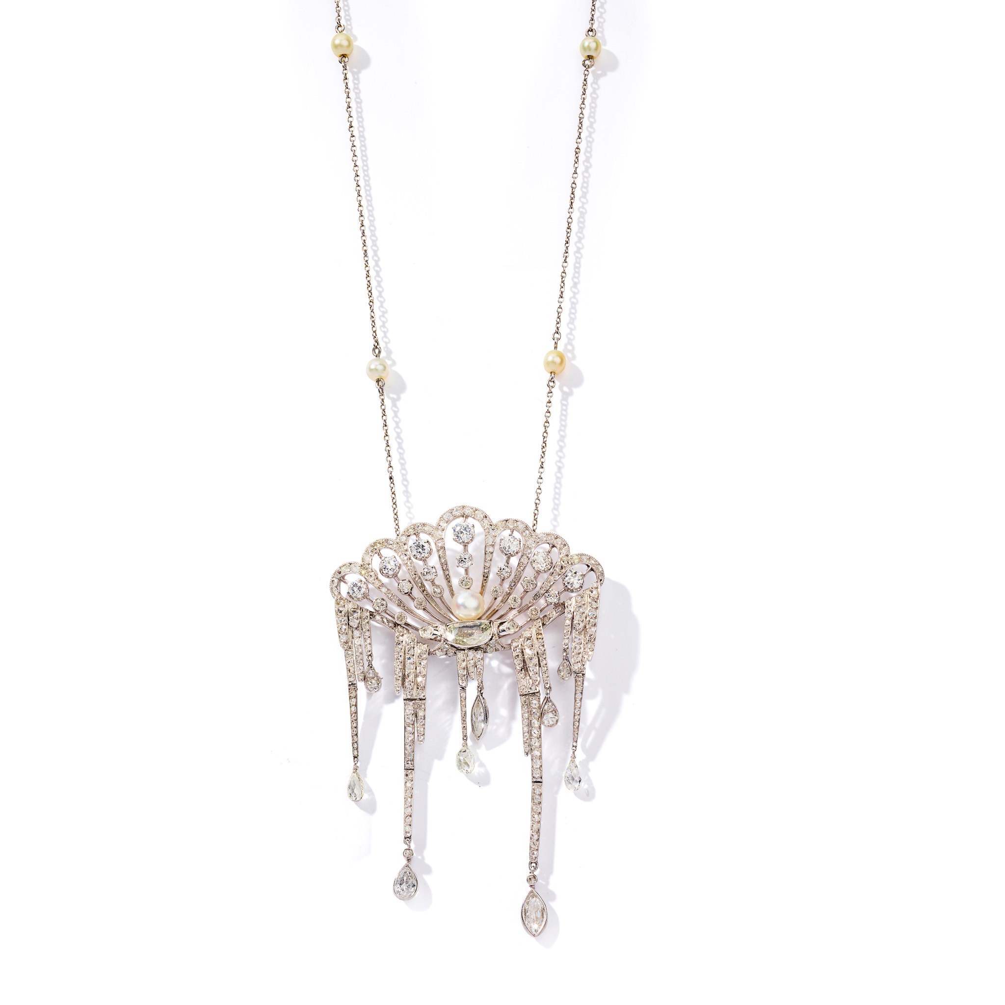 Attributed to Maingourd: A Belle Epoque diamond and pearl pendant/brooch, circa 1915