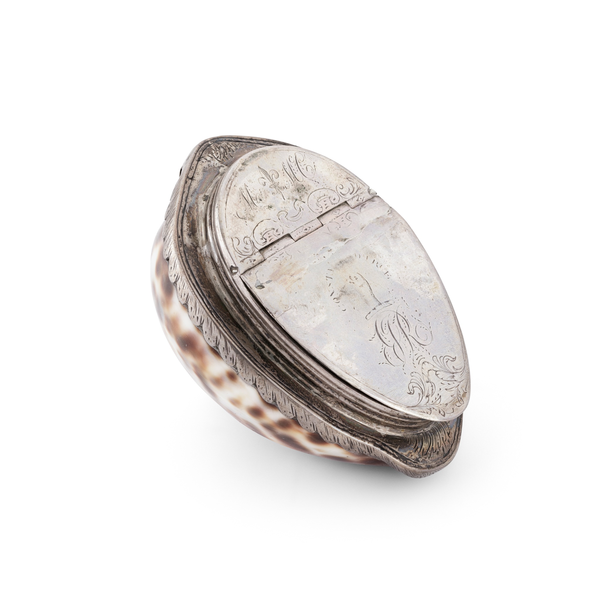 A SCOTTISH SILVER MOUNTED COWRIE SHELL SNUFF BOX