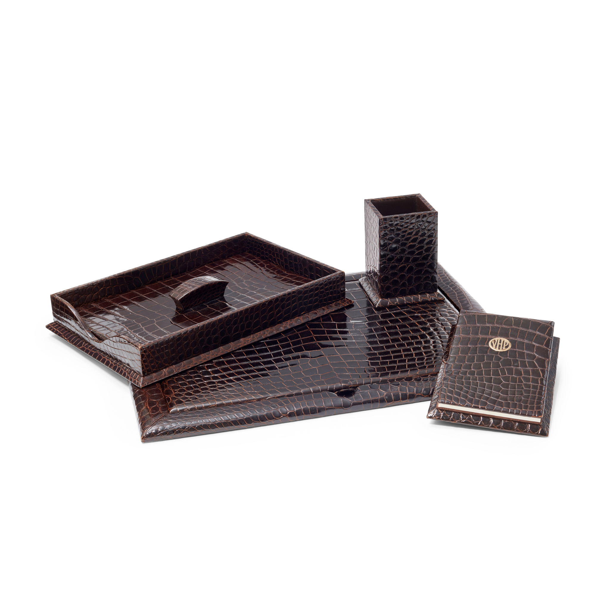 Asprey: A Chocolate Brown Crocodile Four Piece Desk Set