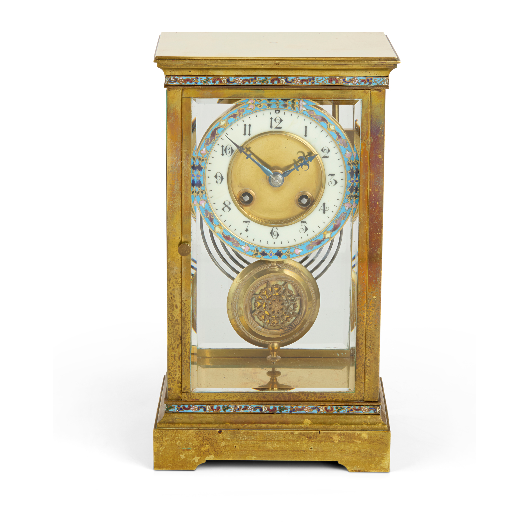 FRENCH BRASS AND CHAMPLEVÉ ENAMEL FOUR GLASS MANTLE CLOCK