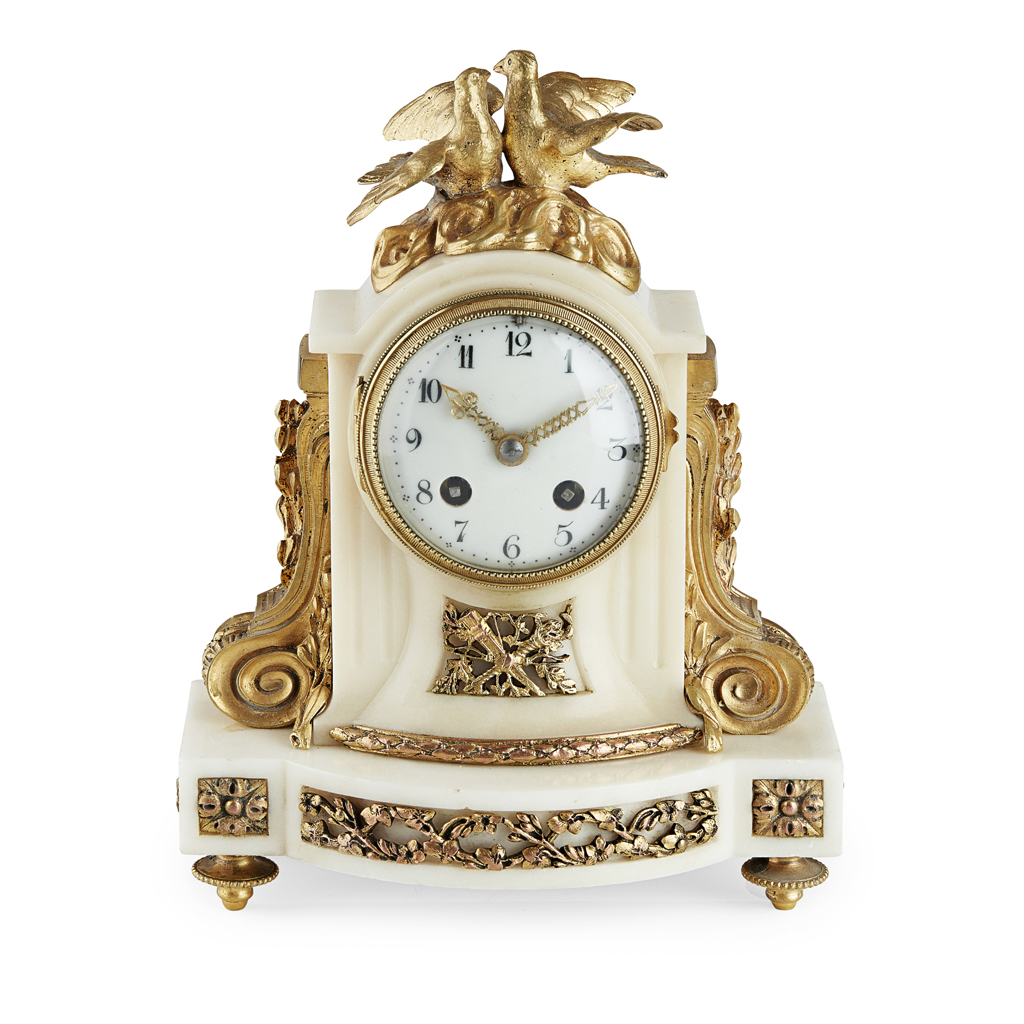 SMALL FRENCH GILT BRONZE AND WHITE MARBLE MANTEL CLOCK, BY ANTOINE THIOUT