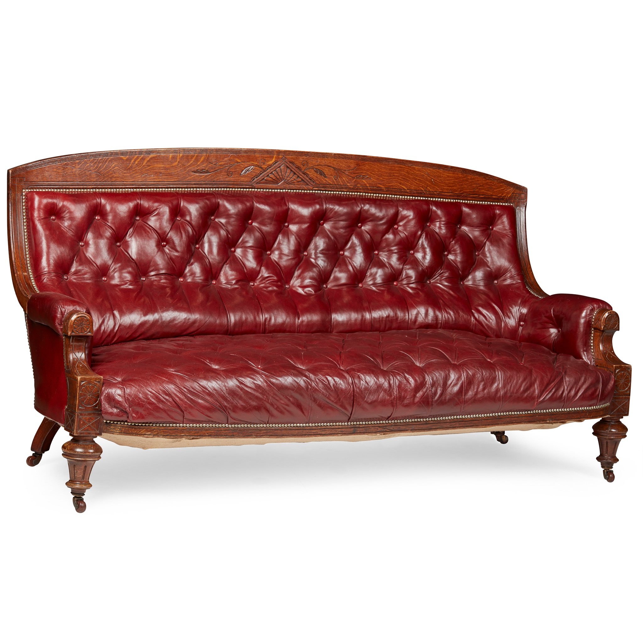 VICTORIAN AESTHETIC PERIOD OAK FRAMED LEATHER SOFA