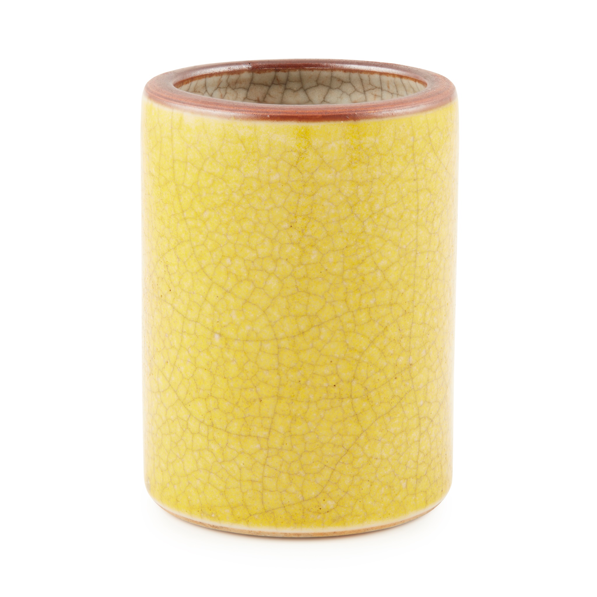 YELLOW ENAMELLED GE-TYPE CRACKLED GLAZE BRUSH POT