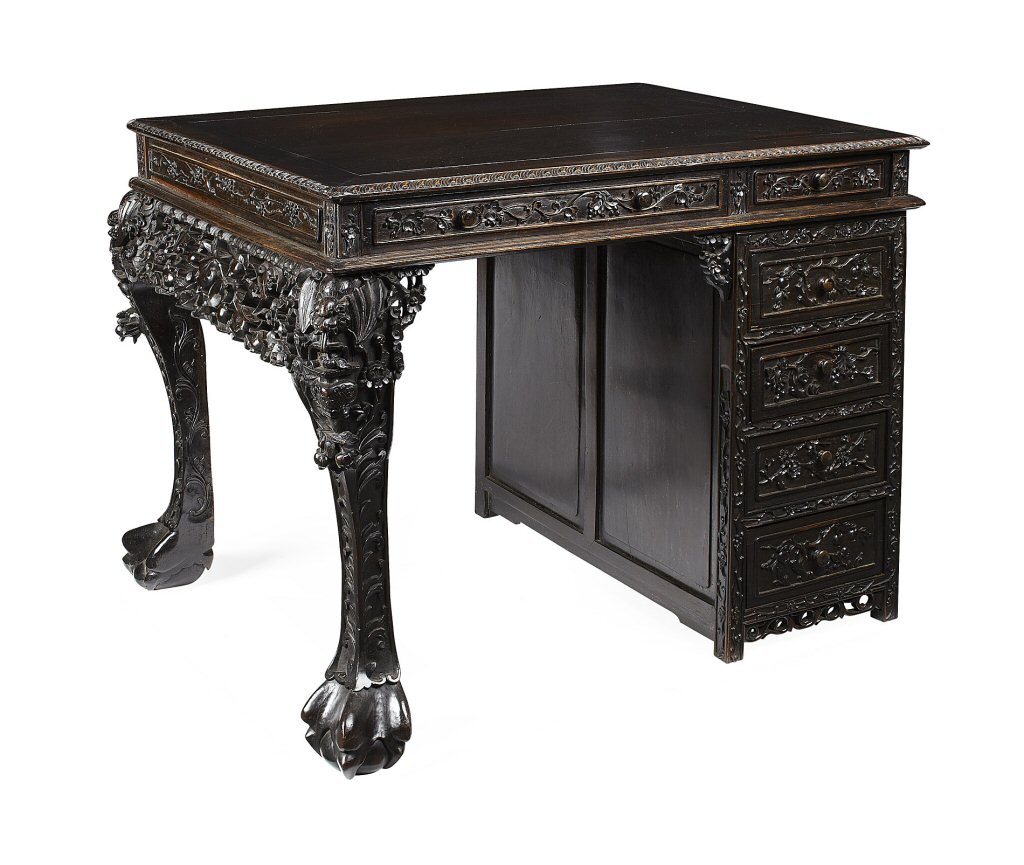 CHINESE CARVED HARDWOOD PEDESTAL DESK