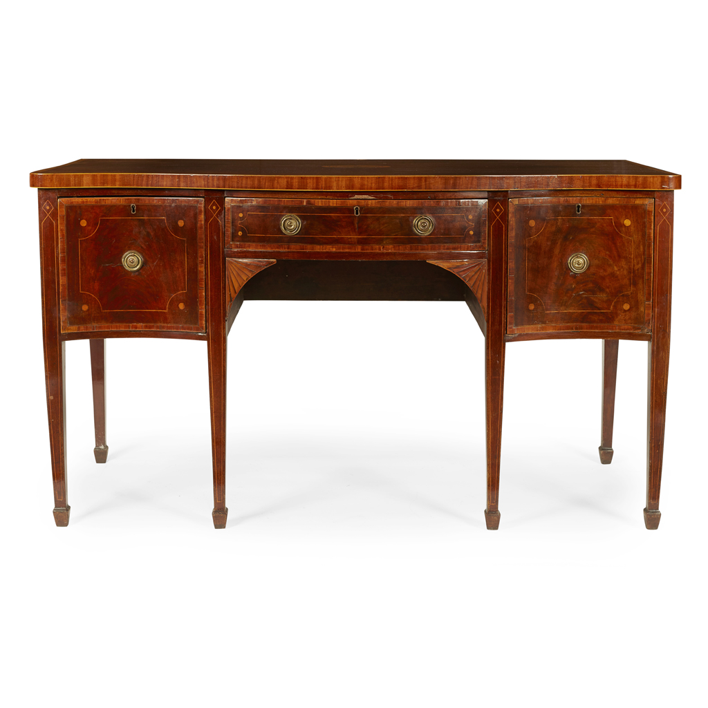 GEORGE III INLAID MAHOGANY AND SATINWOOD SERPENTINE SIDEBOARD