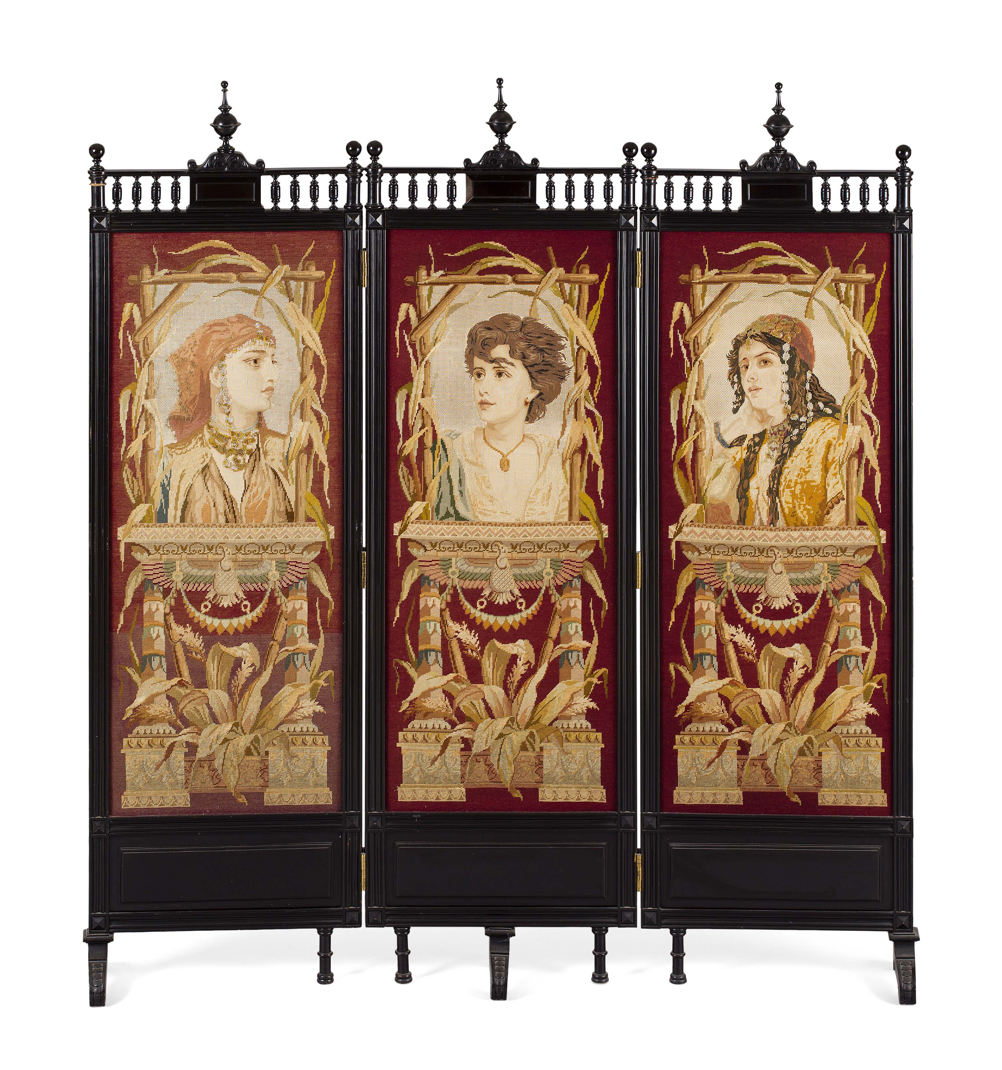 LATE VICTORIAN EBONISED AND NEEDLEWORK THREE FOLD SCREEN
