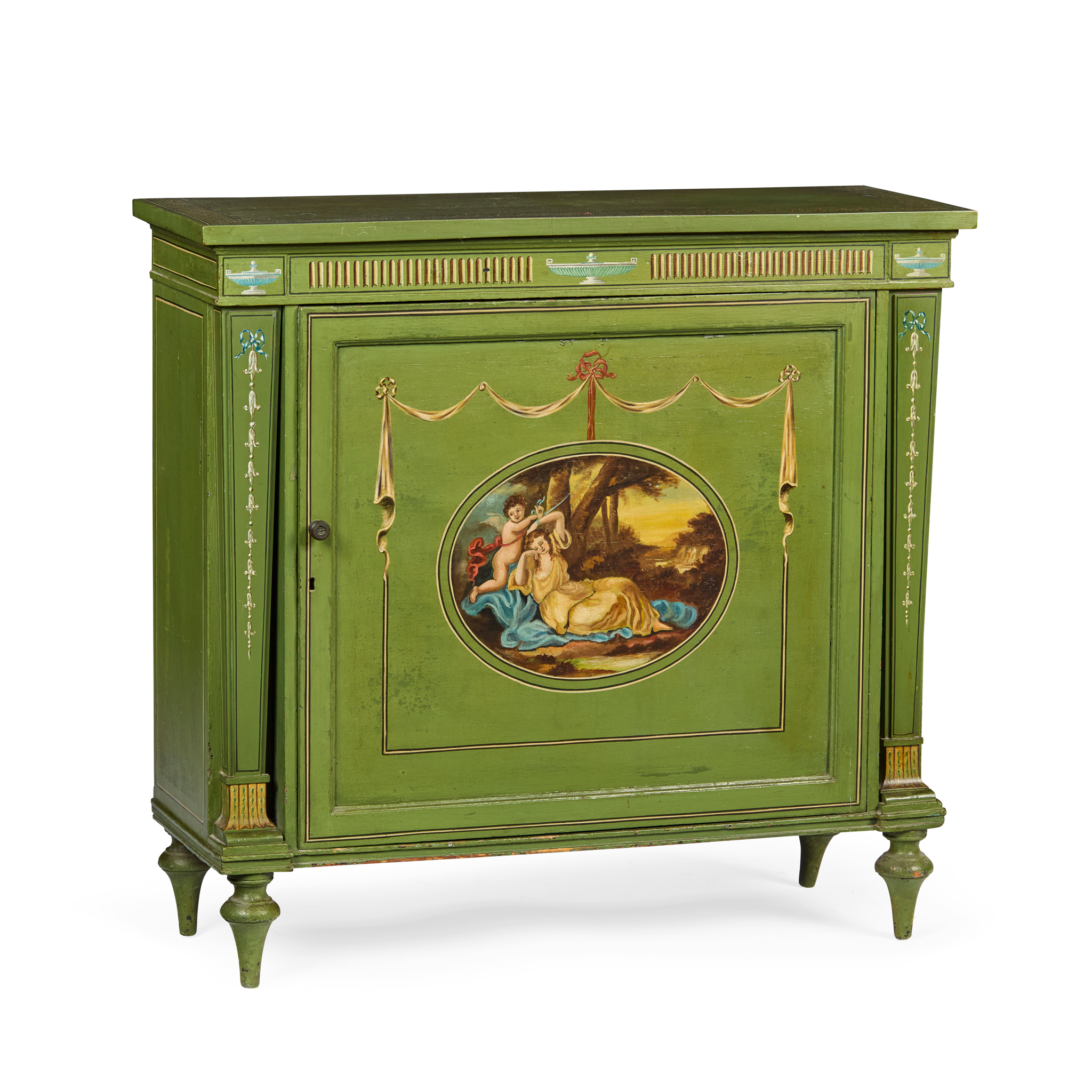 GEORGE III GREEN PAINTED AND POLYCHROMED SIDE CABINET