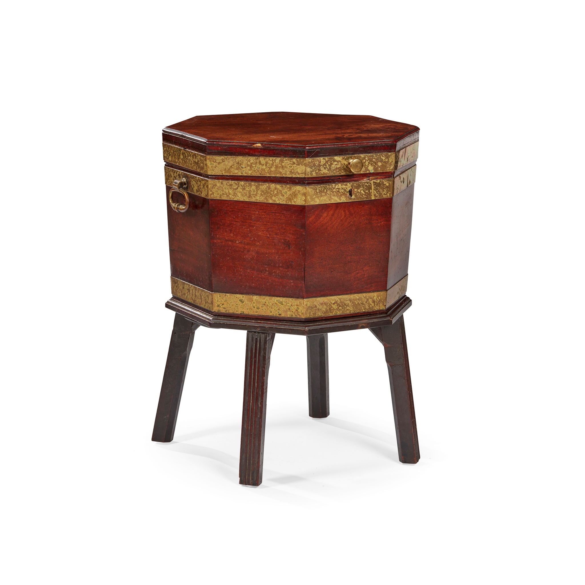 GEORGE III BRASS BANDED MAHOGANY OCTAGONAL WINE COOLER