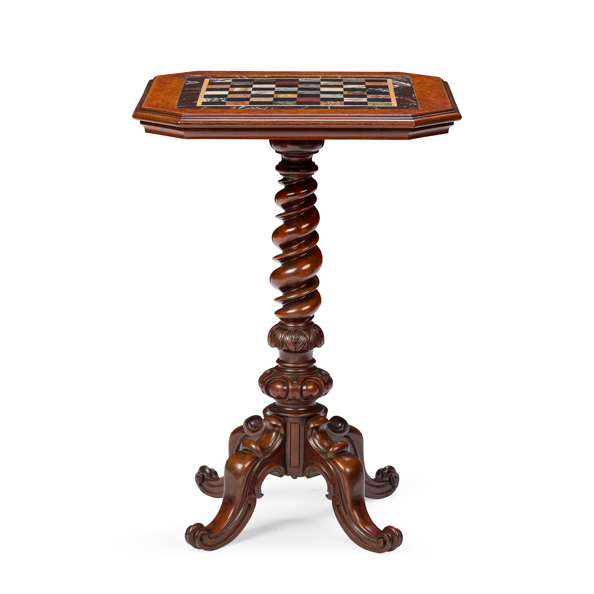 WILLIAM IV AMBOYNA, MAHOGANY, AND SPECIMEN MARBLE CHESS TABLE