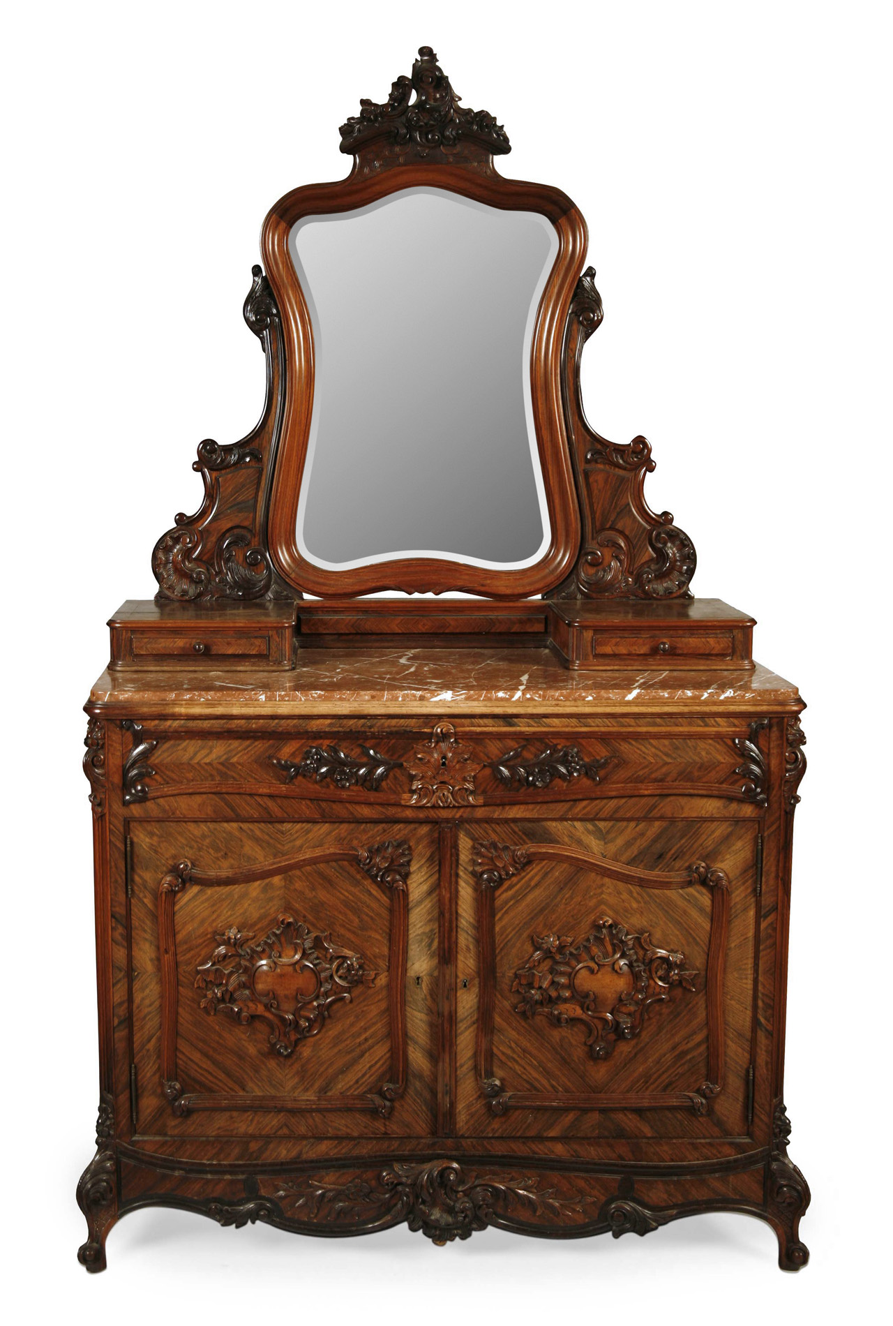ORNATELY CARVED FRENCH ROSEWOOD MARBLE TOP CABINET, WITH AN ASSOCIATED MIRRORED TOP