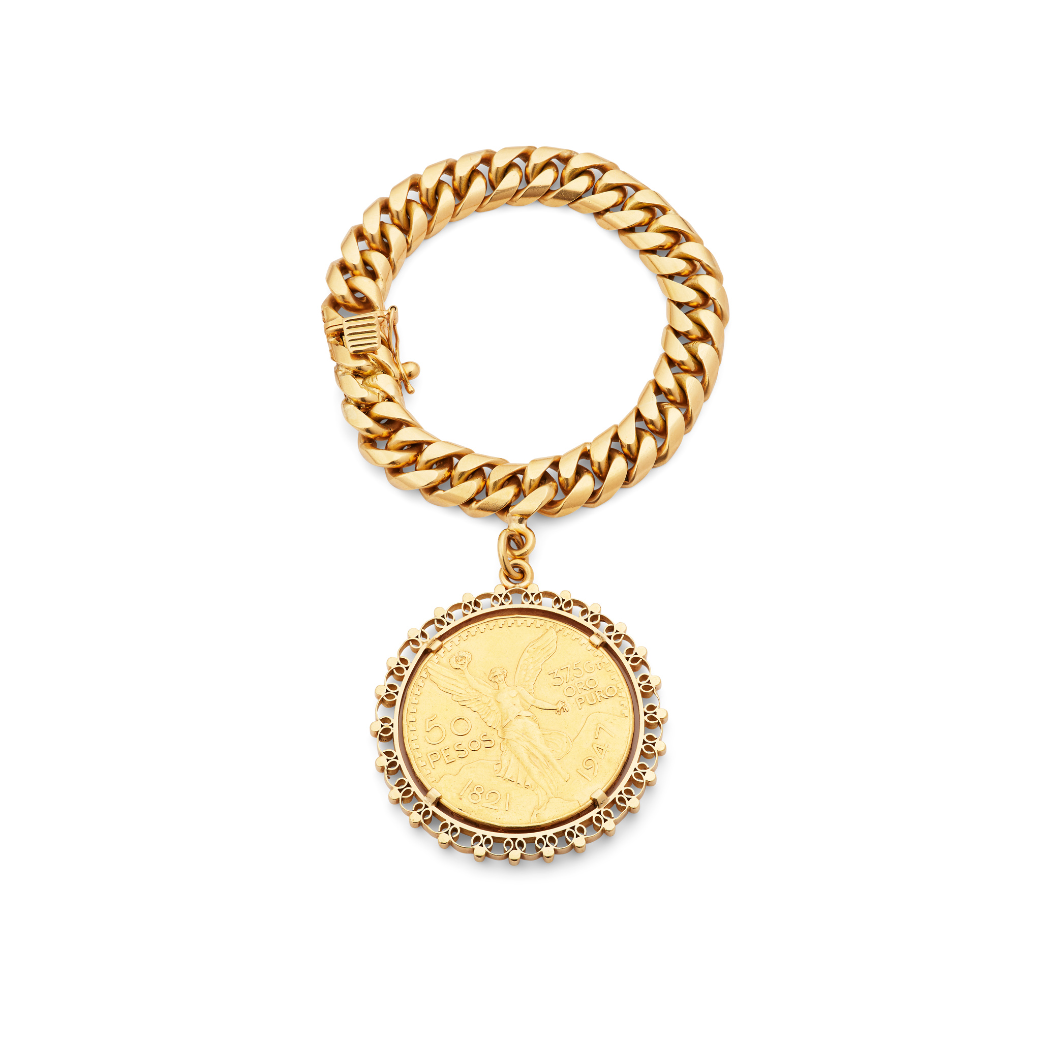 A fancy-link coin pendant bracelet, mid 20th century