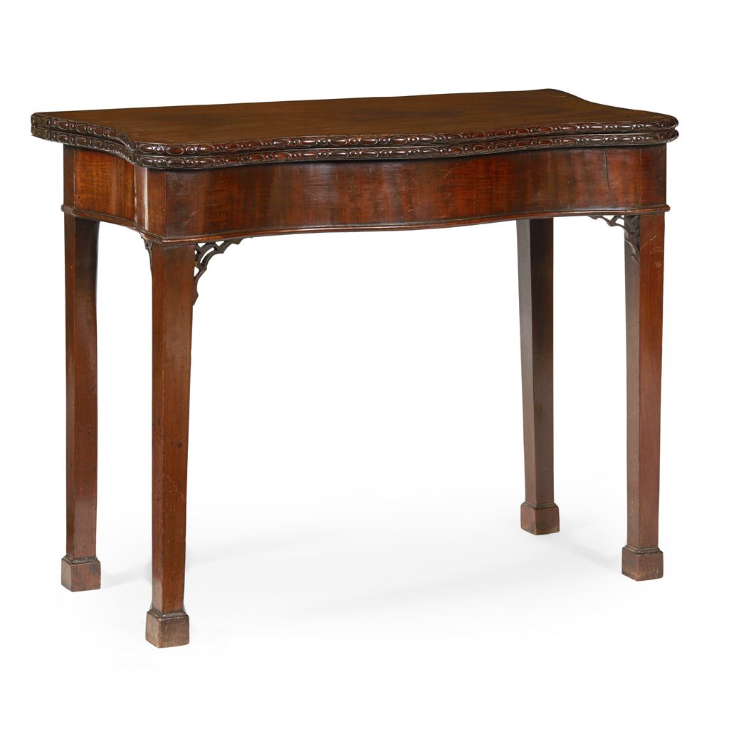 GEORGE III MAHOGANY CONCERTINA ACTION SERPENTINE TEA TABLE