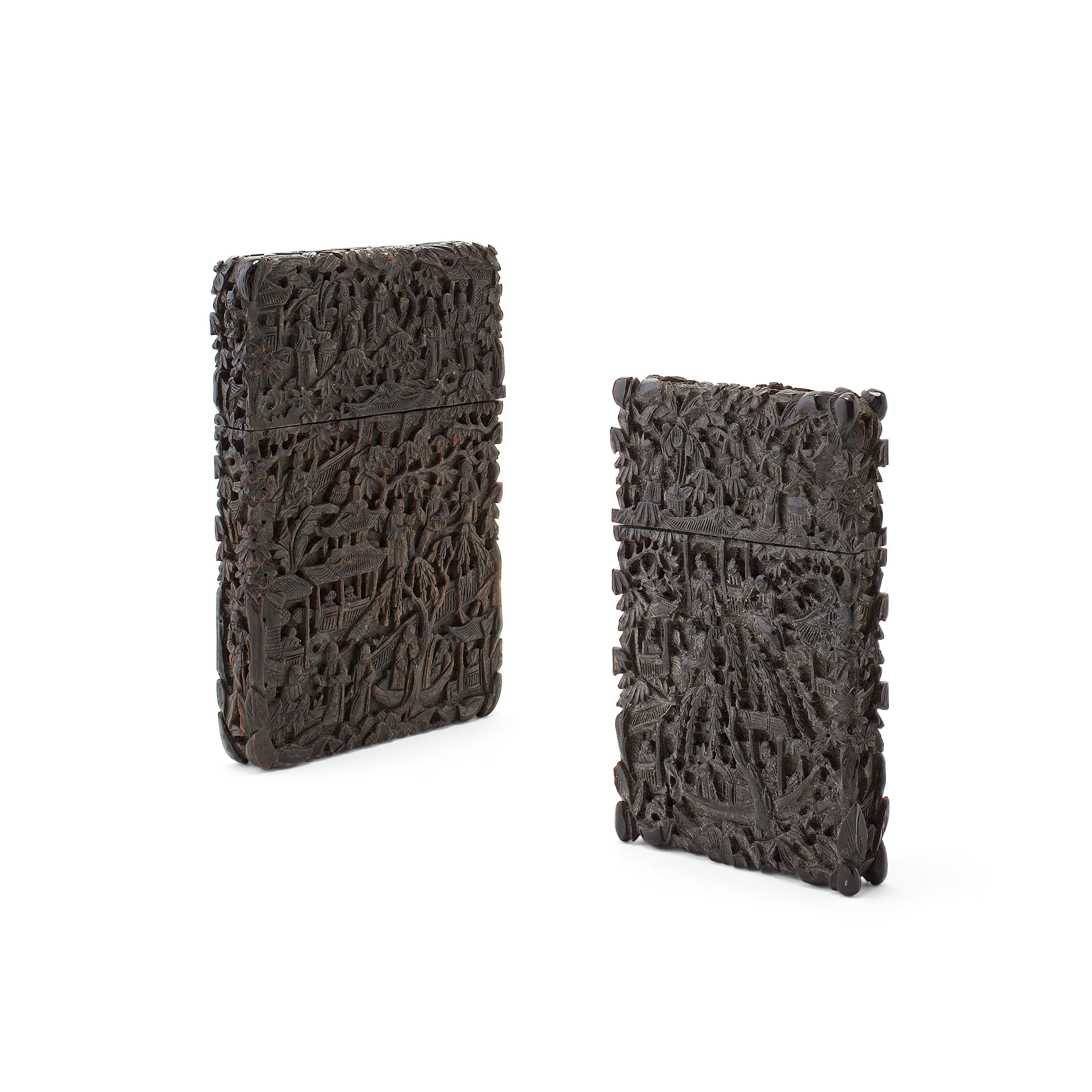 TWO CHINESE CARVED TORTOISESHELL CARD CASES