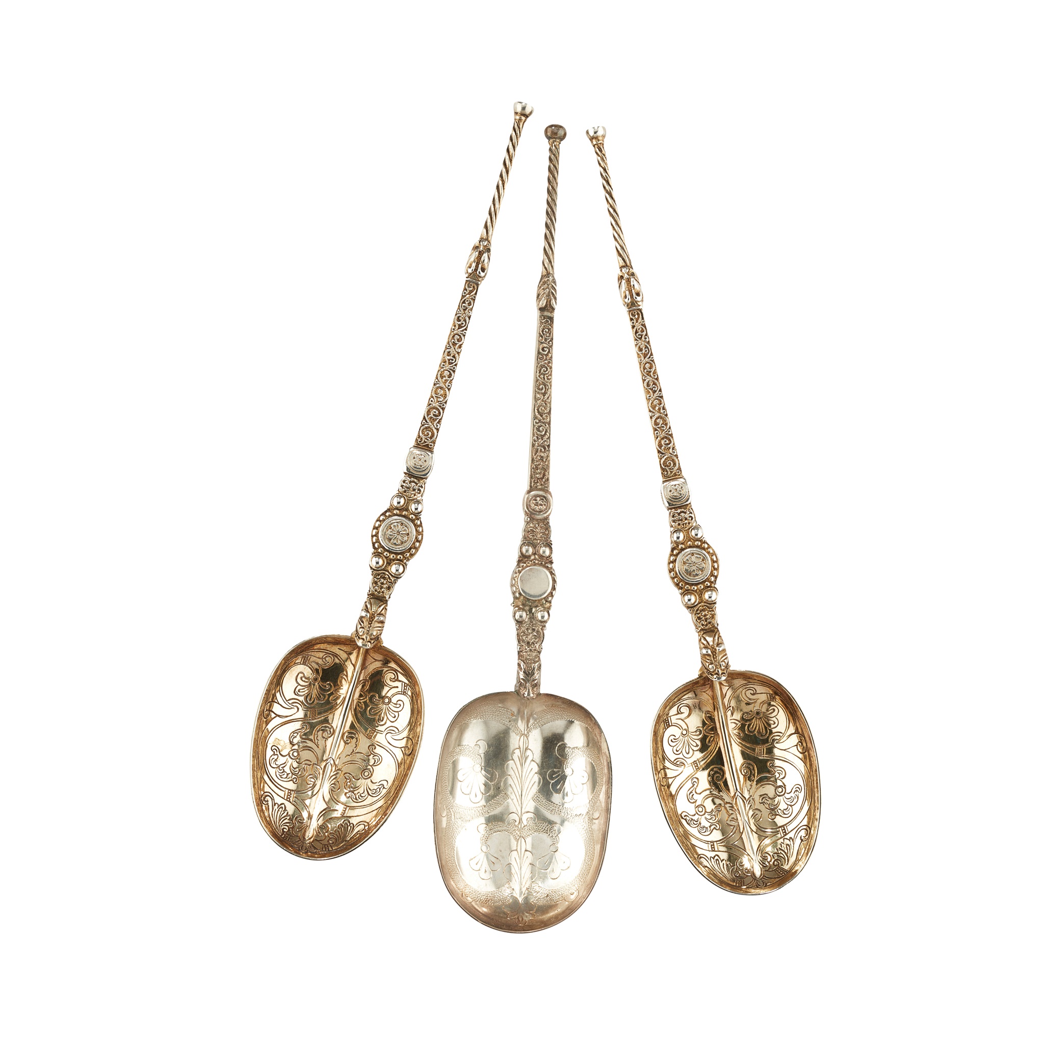 A PAIR OF SILVER GILT REPRODUCTION ANOINTING SPOONS