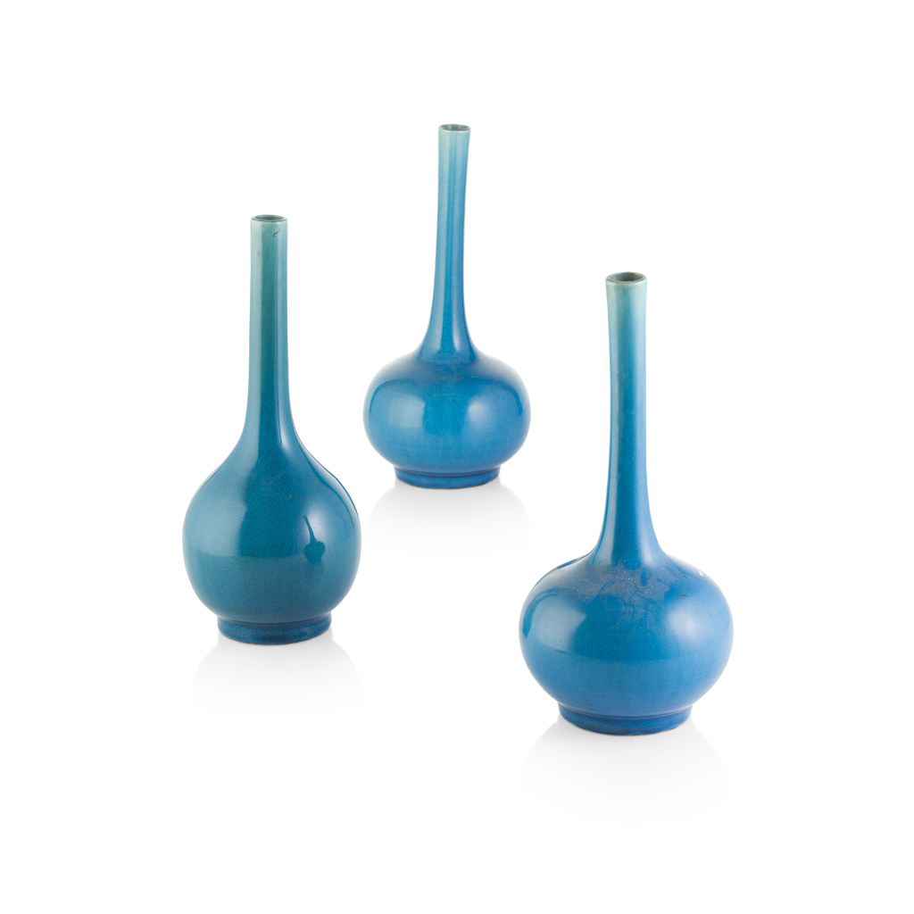 GROUP OF THREE TURQUOISE-GLAZED BOTTLE VASES