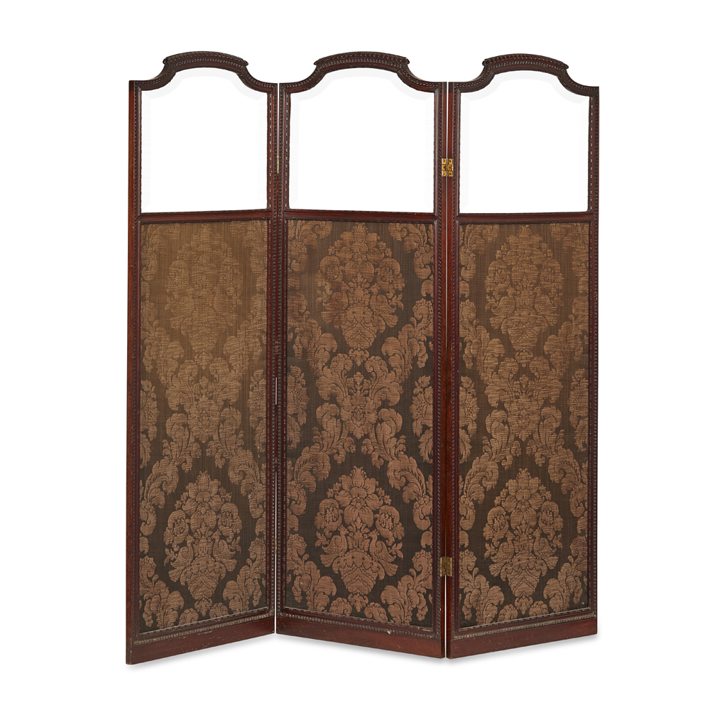 LATE VICTORIAN MAHOGANY FRAMED THREE-PANEL FLOOR SCREEN