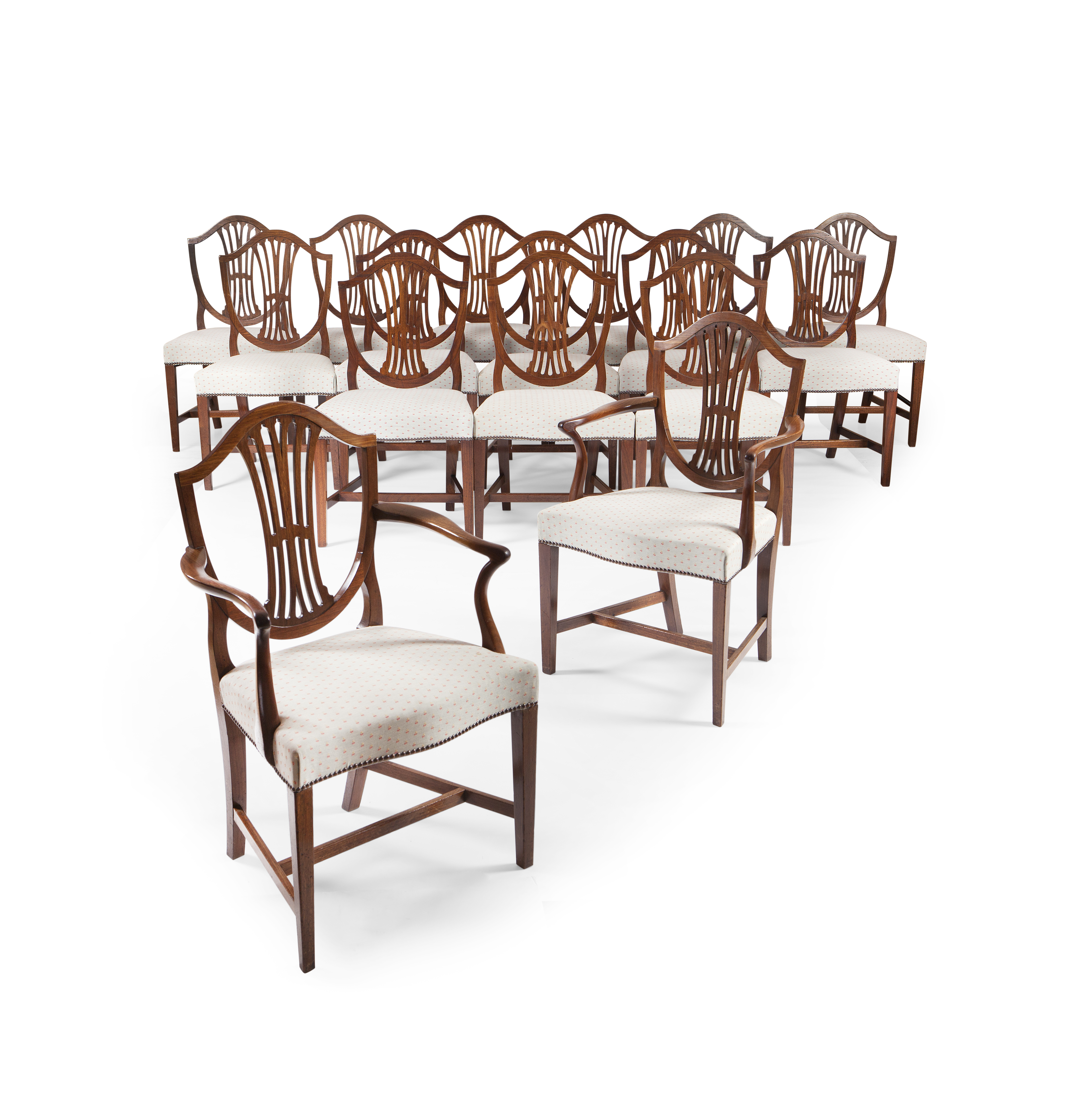 ASSEMBLED SET OF TWENTY HEPPLEWHITE STYLE MAHOGANY DINING CHAIRS