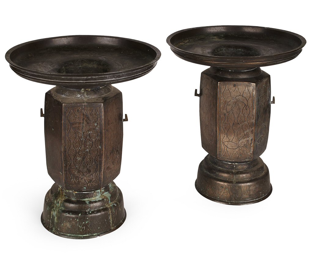 PAIR OF LARGE JAPANESE BRONZE INLAID CENSERS